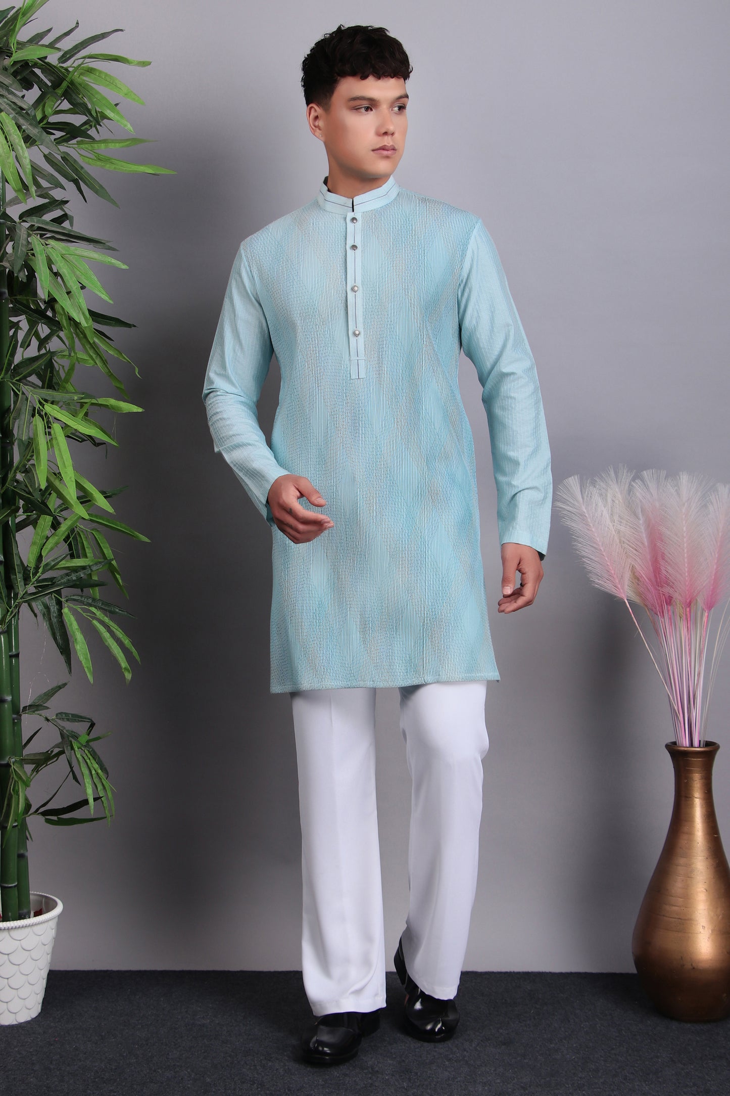 Men’s Kurta Set – Silk Cotton in Blue with Thread Work and Pintex Fabric Manipulation | One Man Show