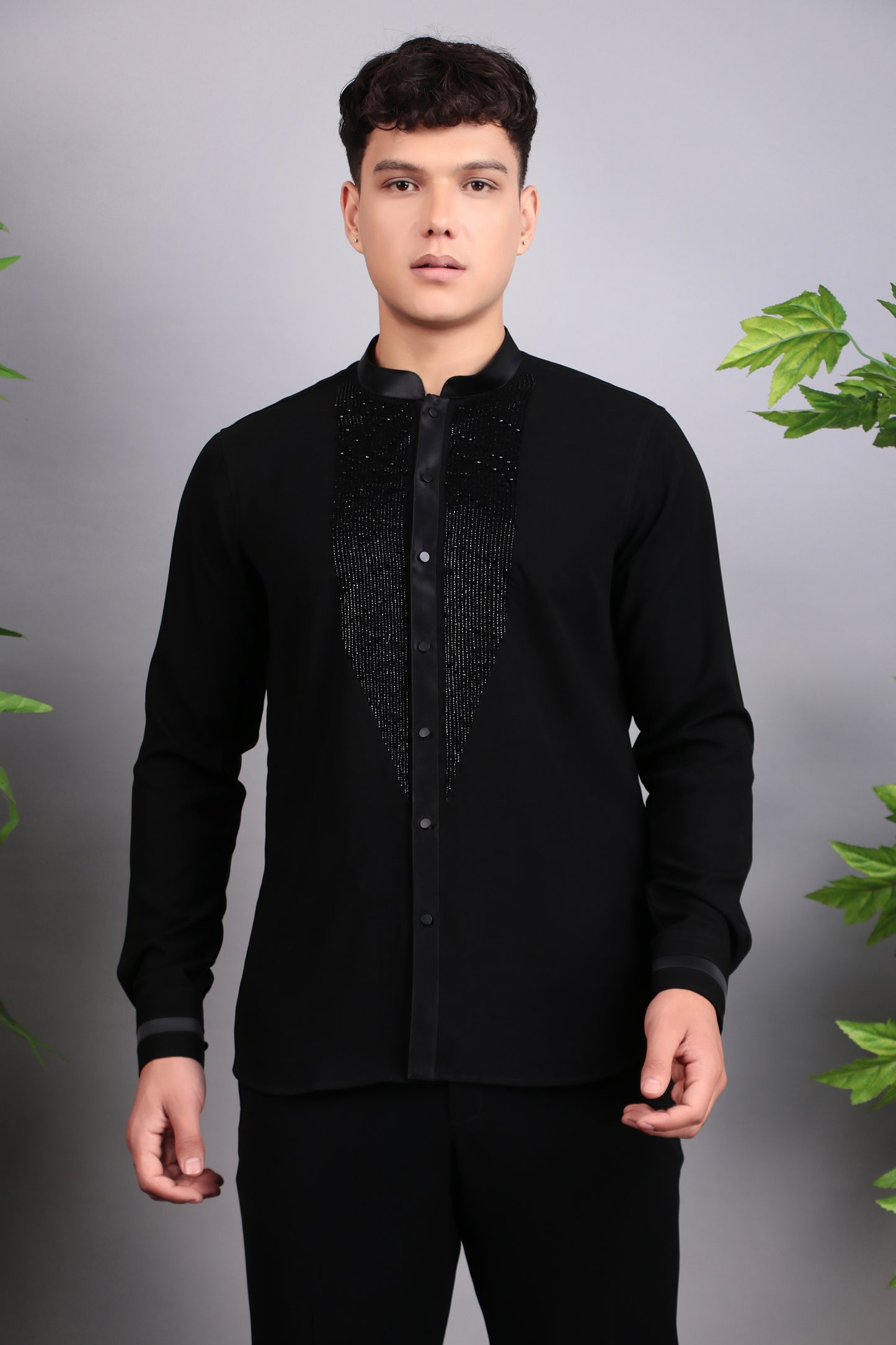 Men’s Shirt – Korean Wrinkle Free in Black with Front Beads Embroidery | One Man Show