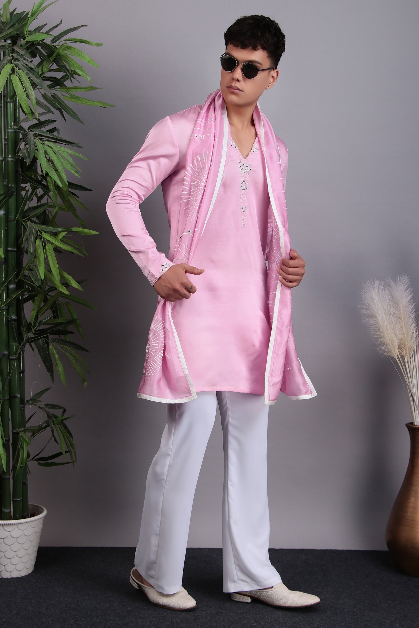 Detail view 6 - Men’s Kurta Set – Modal Satin in Pink with Tie and Dye & Silk Thread Embroidery