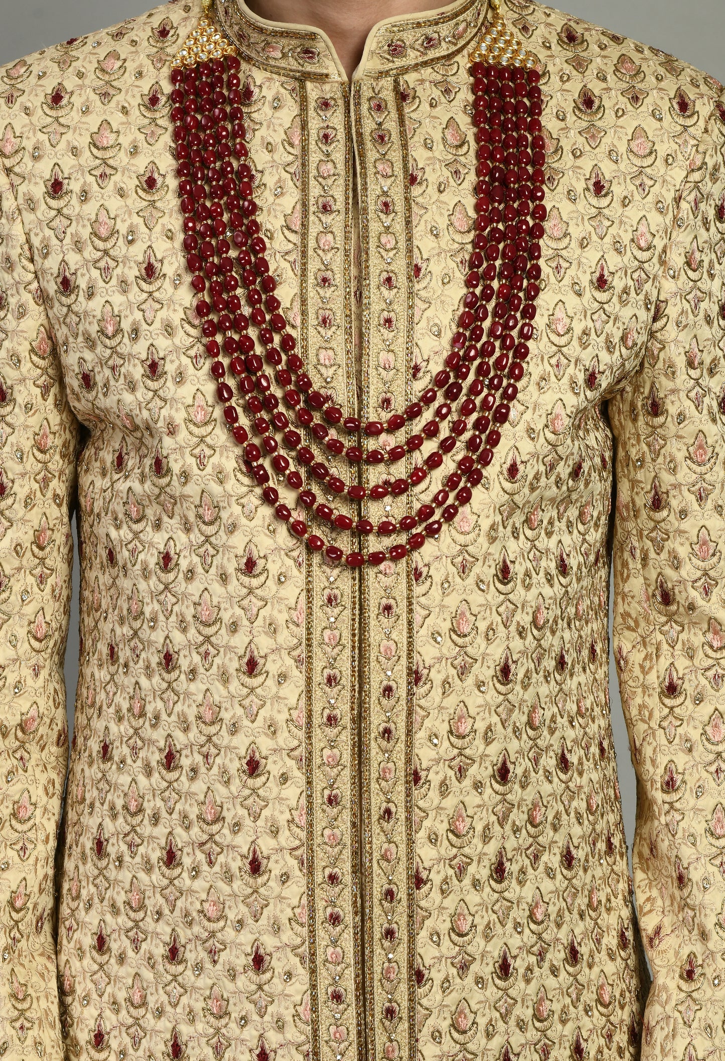 Men’s Sherwani – Silk in Beige with Detailed Hand Embroidery Allover | One Man Show