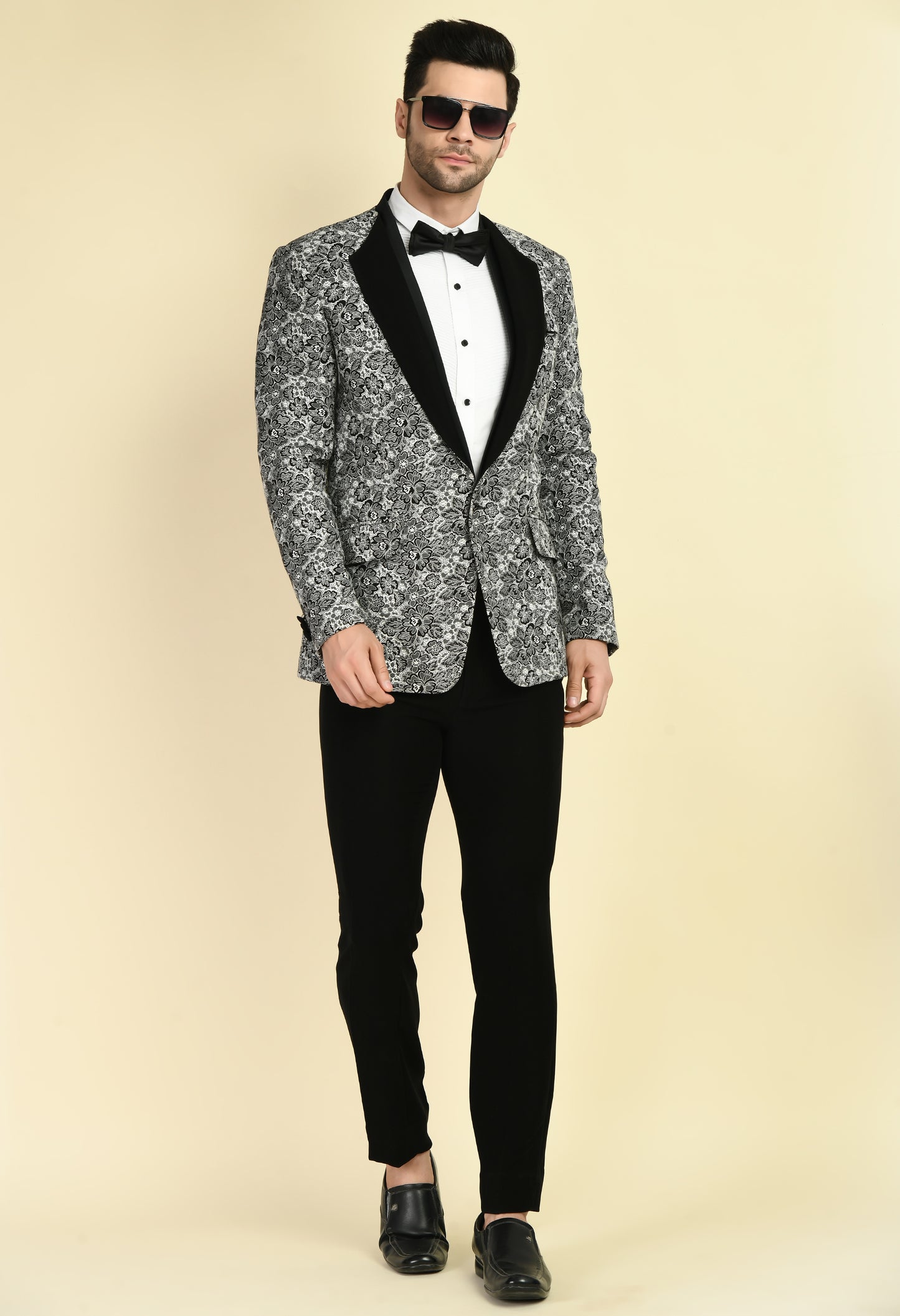 Men’s Tuxedo – Poly Jaquard in Grey with Floral Lapel Design | One Man Show