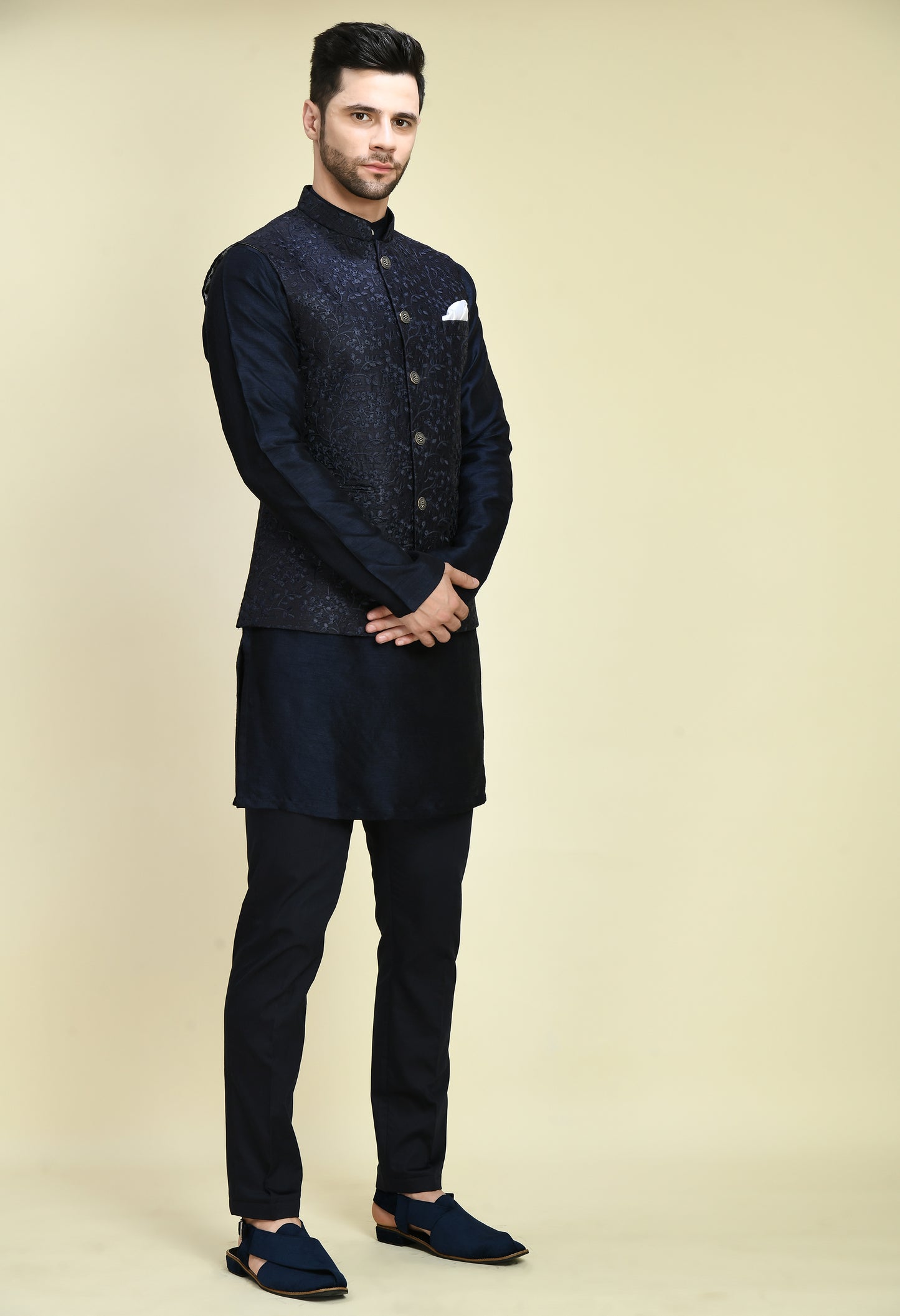Men’s Nehru Jacket – Silk in Blue with Silk Thread Embroidery | One Man Show