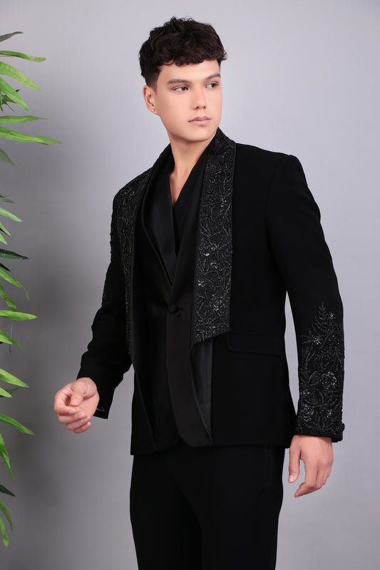 Men’s Tuxedo – Japanese Lycra in Black with Layered Lapel & Beaded Embroidery | One Man Show