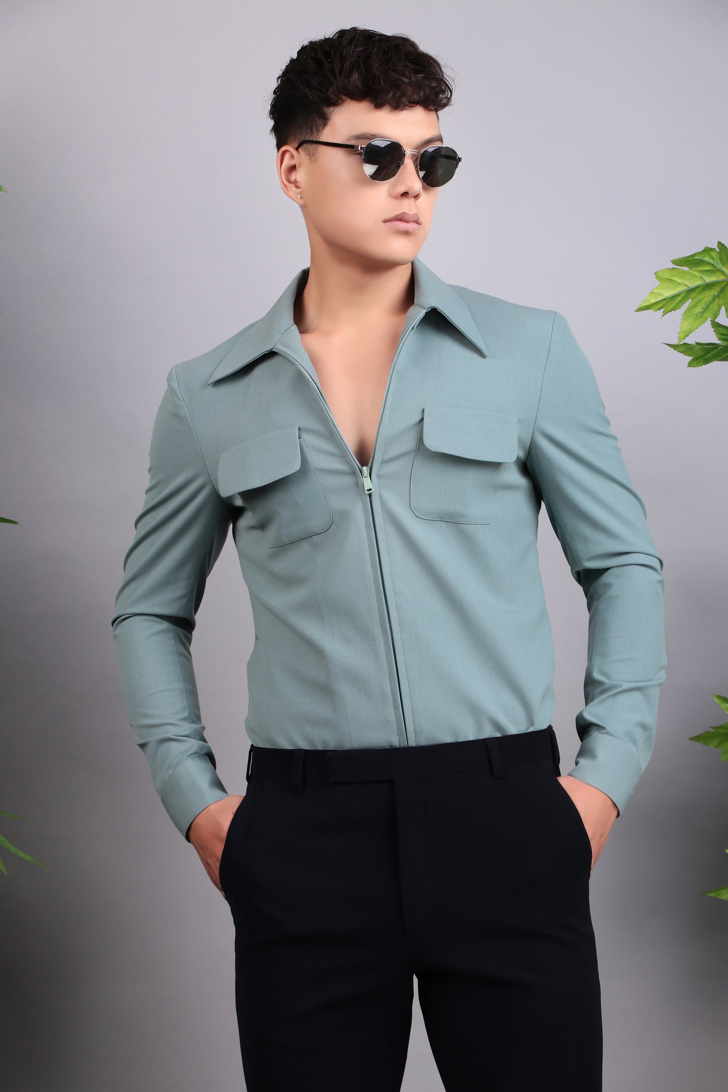Men’s Suit – Suiting Lycra in Green with Hunter Shirt and Hand Stitchwork | One Man Show