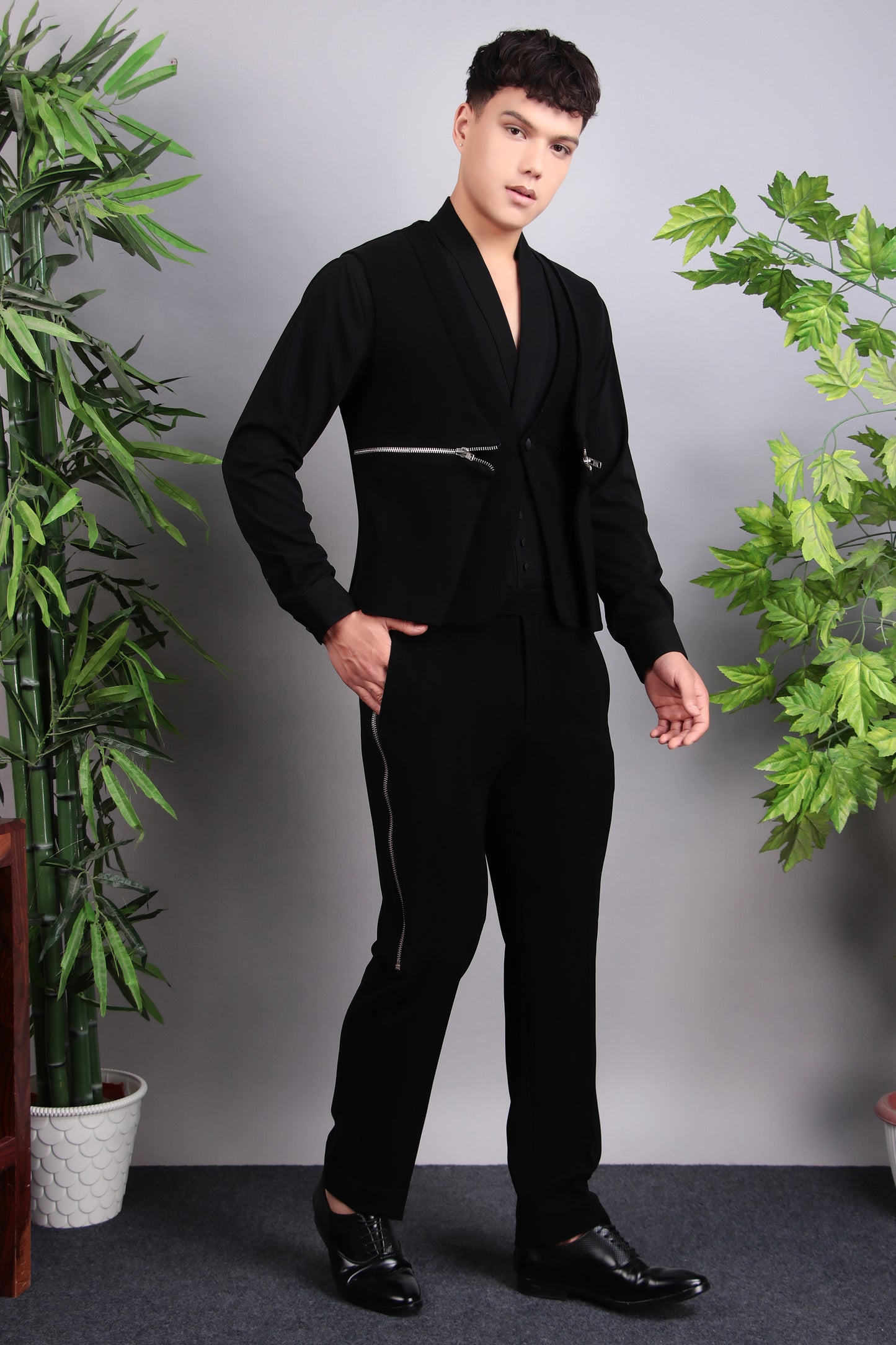 Men’s Tuxedo – Japanese Lycra in Black with Modern Front Zipper Jacket | One Man Show