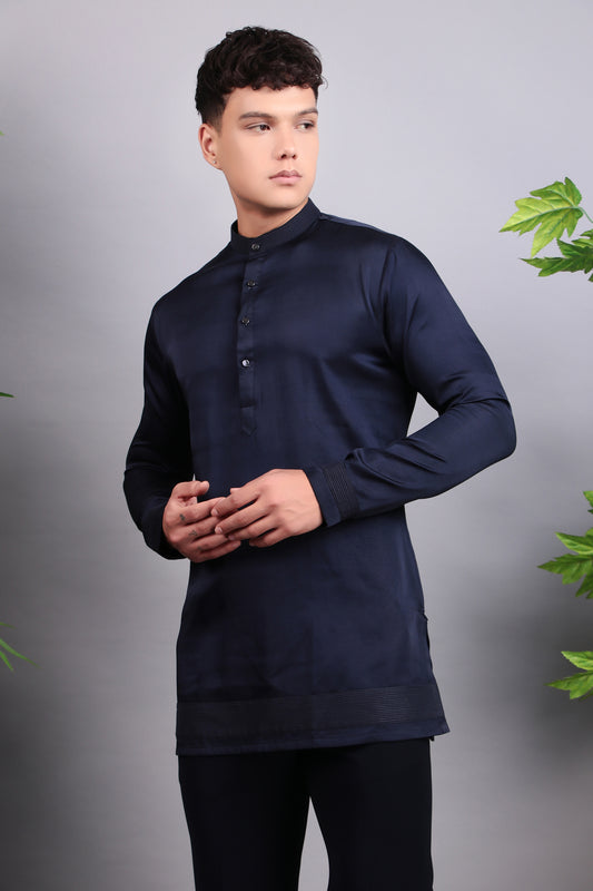 Men’s Indo-Western – Silk Embroidered Fabric in Blue with Floral Hand Embroidery | One Man Show