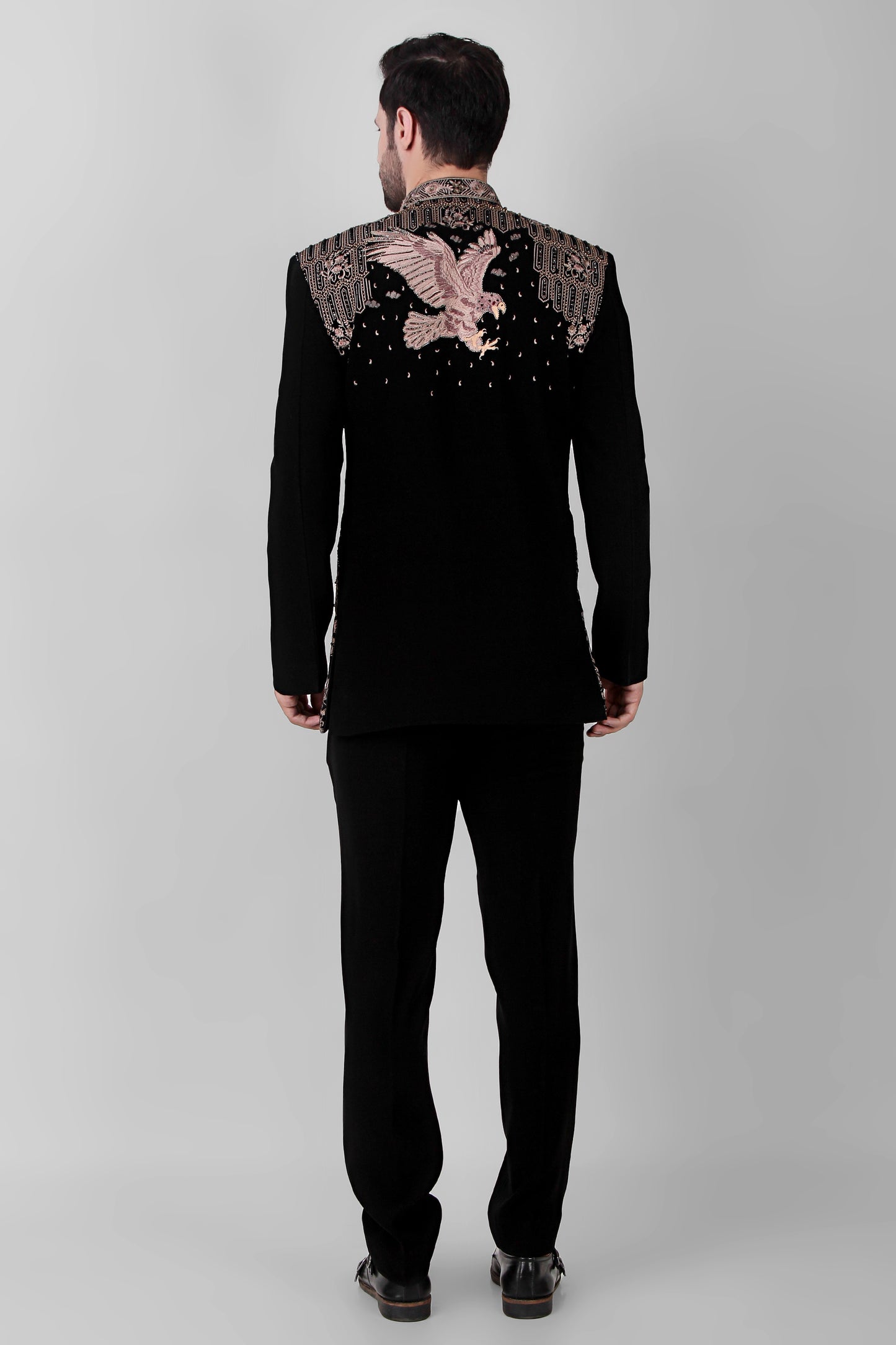 Men’s Bandhgala – Japanese Lycra in Black with Royal Palace Theme Embroidery | One Man Show