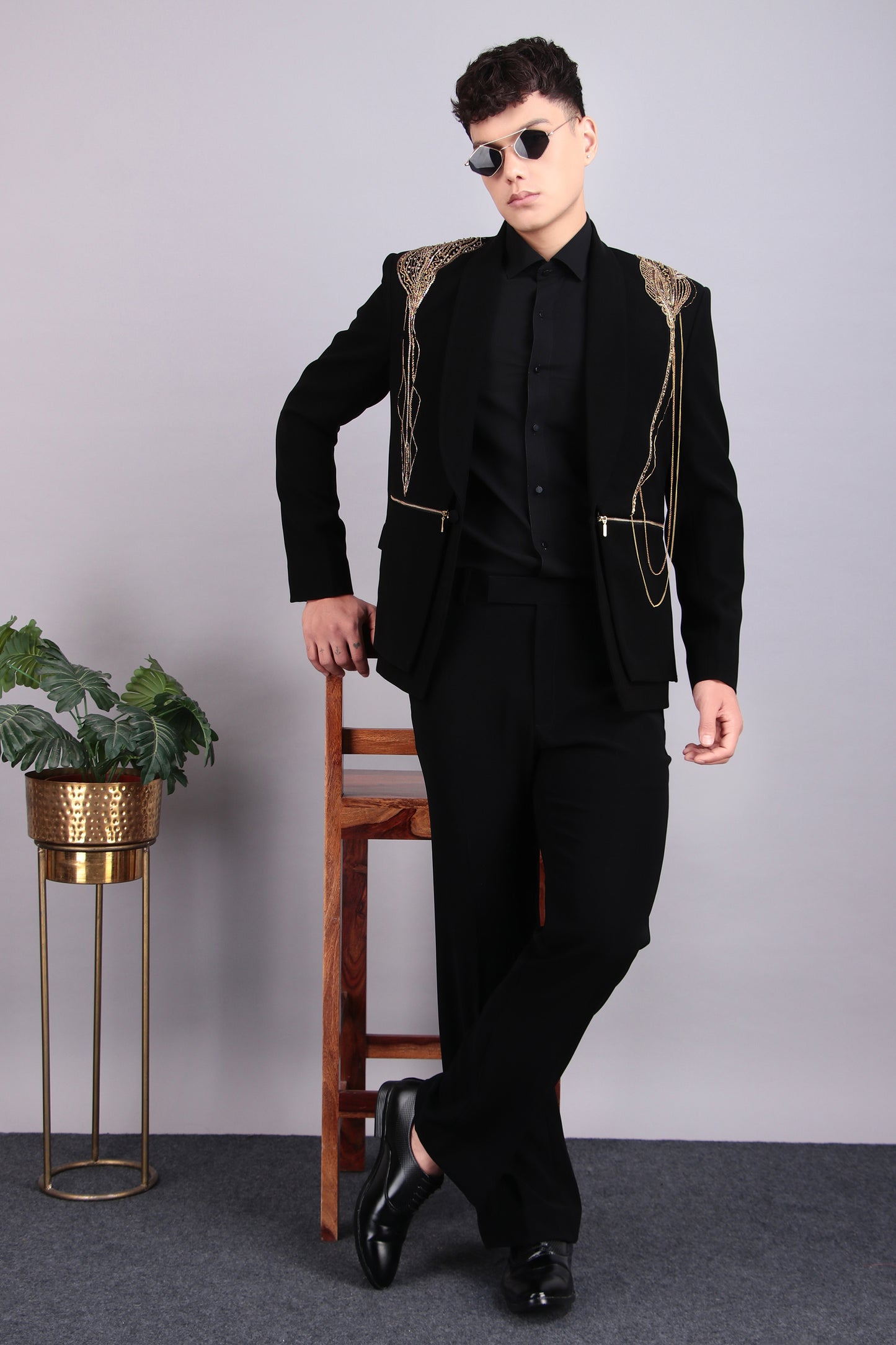 Men’s Tuxedo – Japanese Lycra in Black with Golden Embroidery | One Man Show