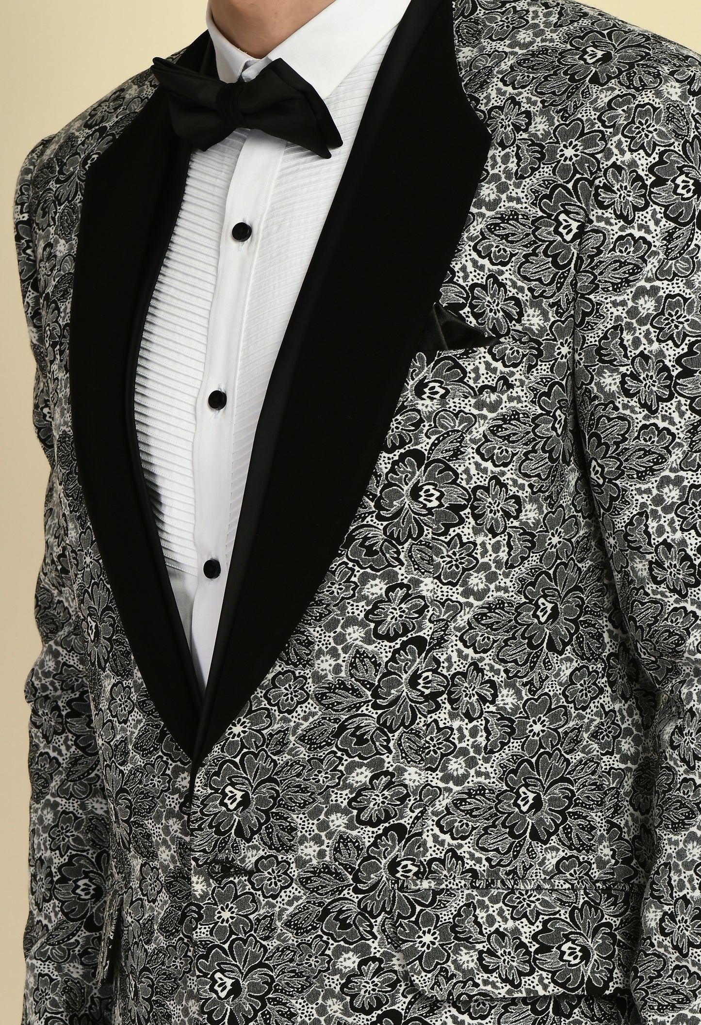 Men’s Tuxedo – Poly Jaquard in Grey with Floral Lapel Design | One Man Show