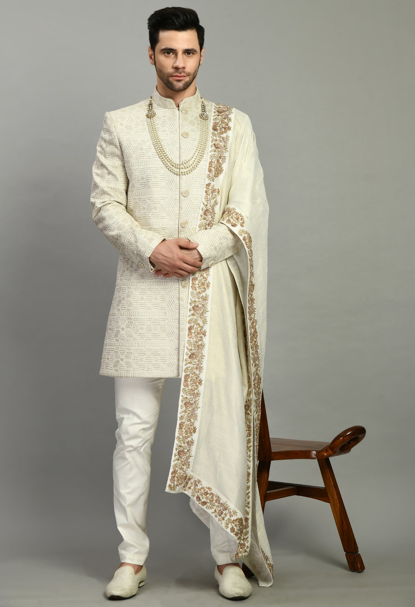 Men’s Sherwani – Silk in Ivory with Detailed Hand Embroidery | One Man Show