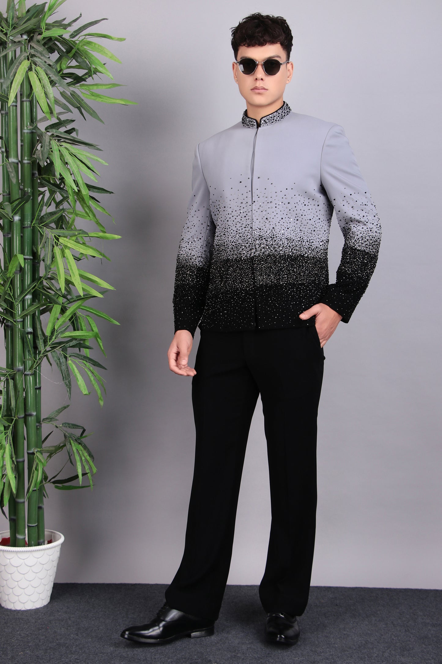 Detail view 2 - Men’s Bandhgala – Japanese Lycra in Grey with Ombre Style Embroidery