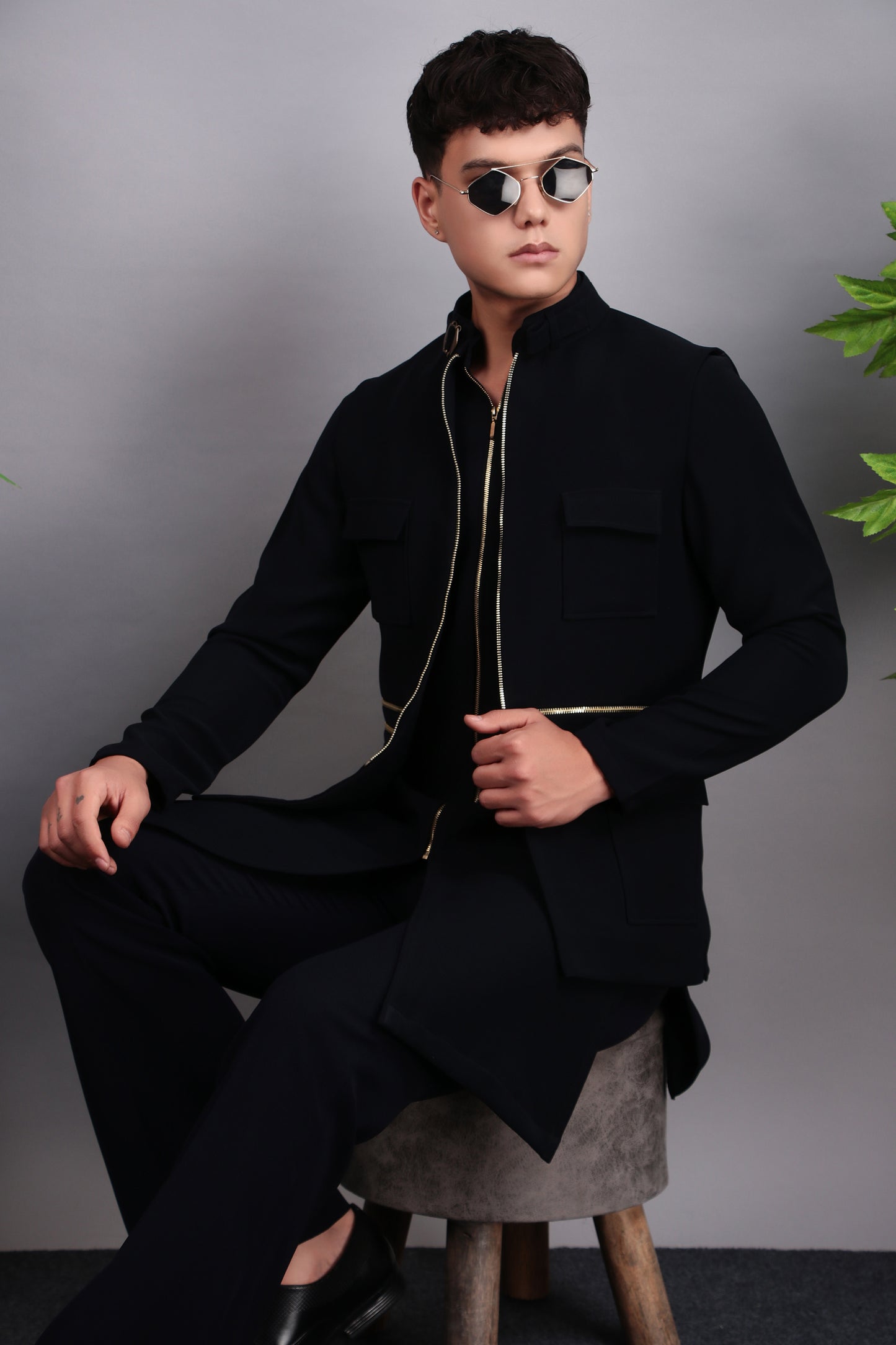 Detail view 5 - Men’s Nehru Jacket – Japanese Lycra in Blue with Designer Zip Front