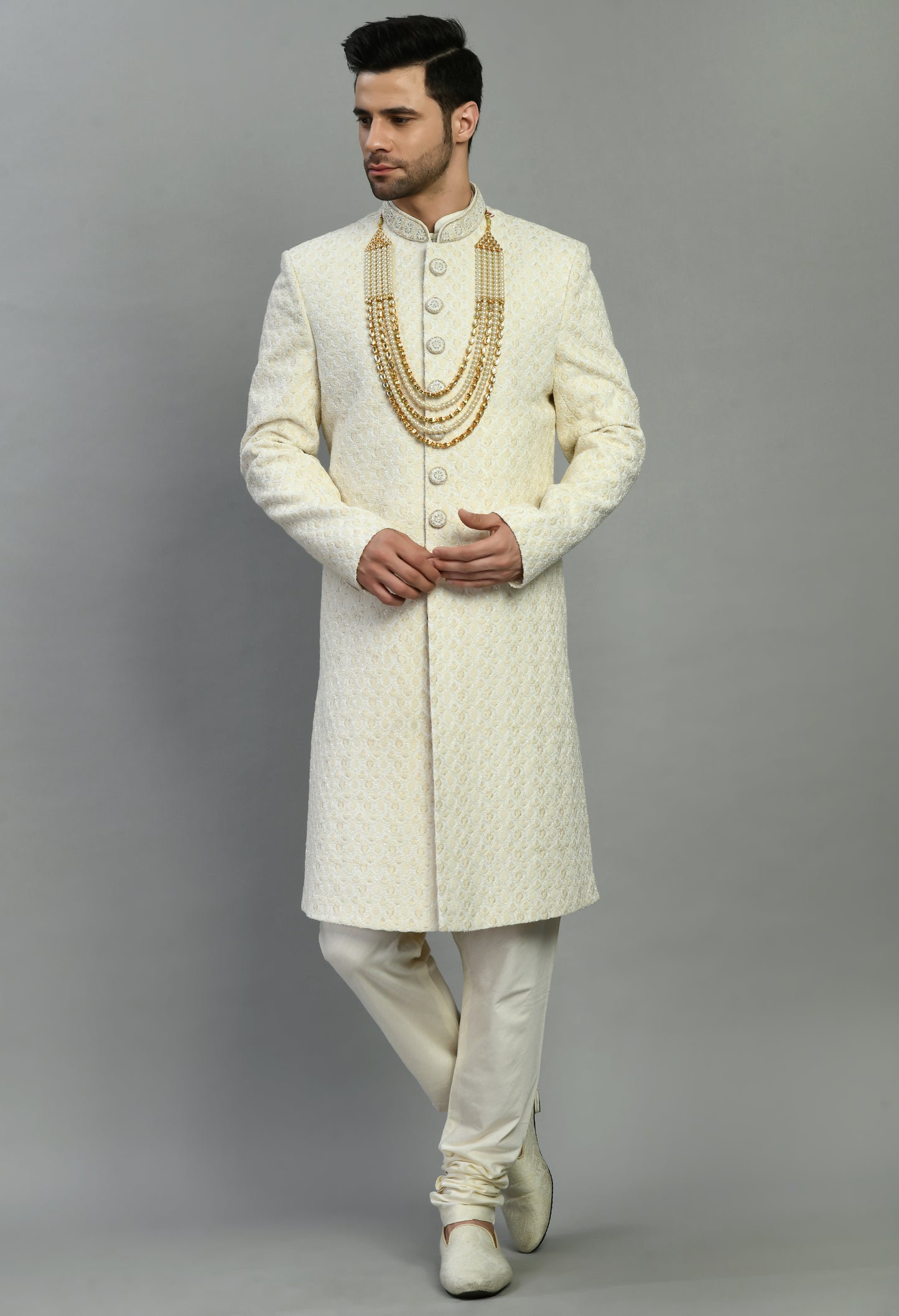 Men’s Sherwani – Silk in Ivory with Detailed Hand Embroidery Allover | One Man Show