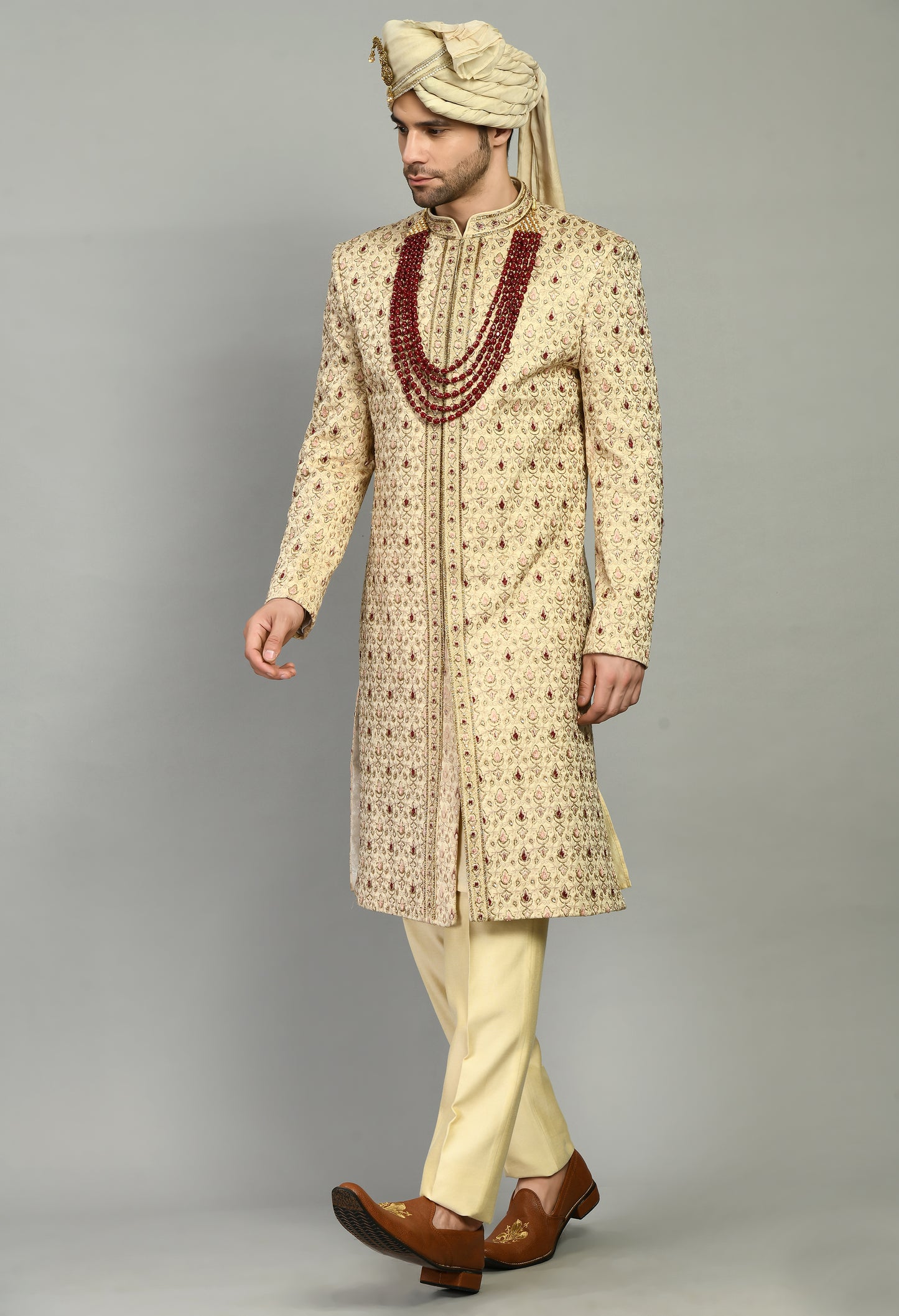 Men’s Sherwani – Silk in Beige with Detailed Hand Embroidery Allover | One Man Show
