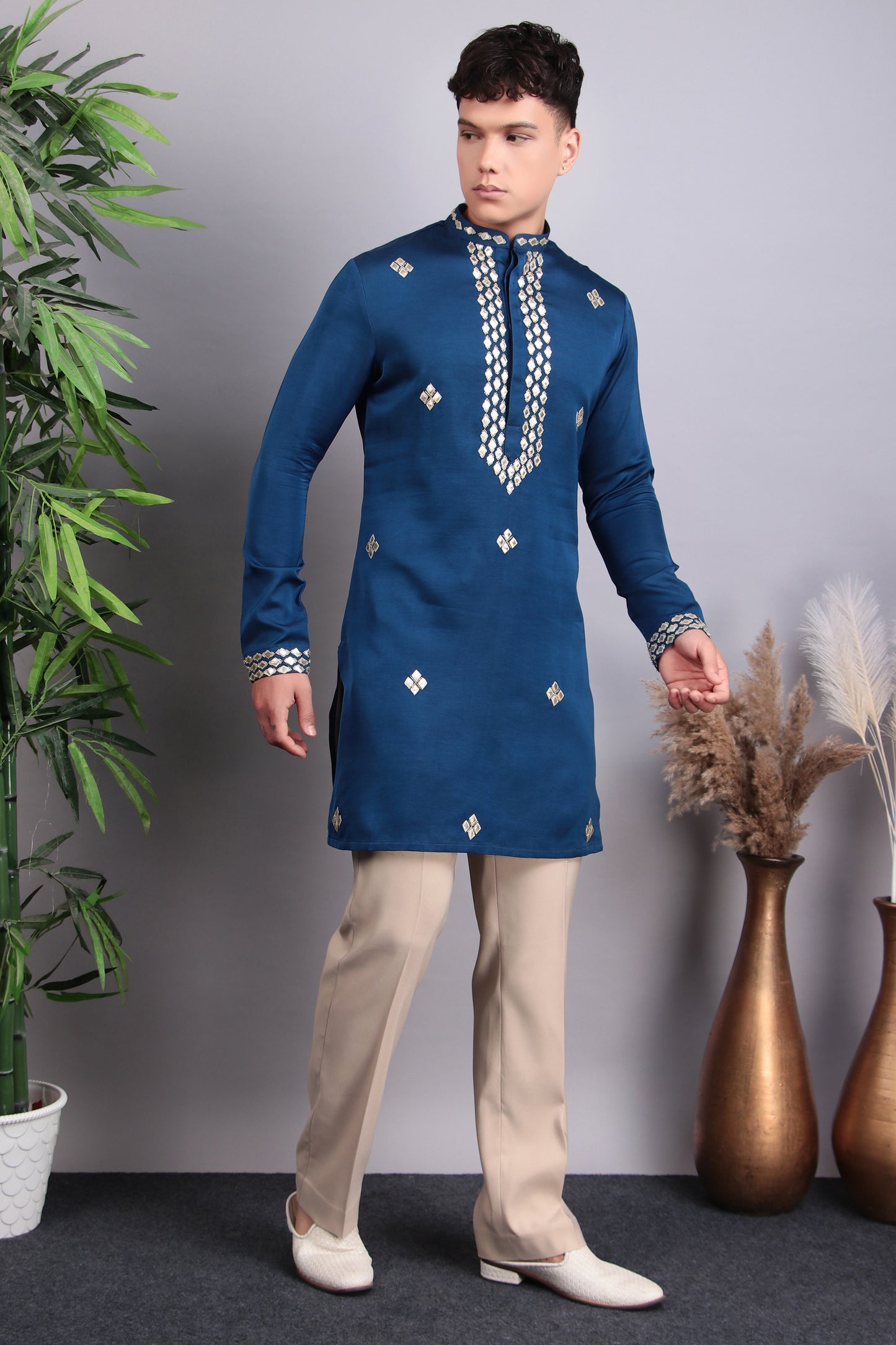 Men’s Kurta Set – Modal Satin in Blue with Brads, Stone and Leather Applique Work | One Man Show