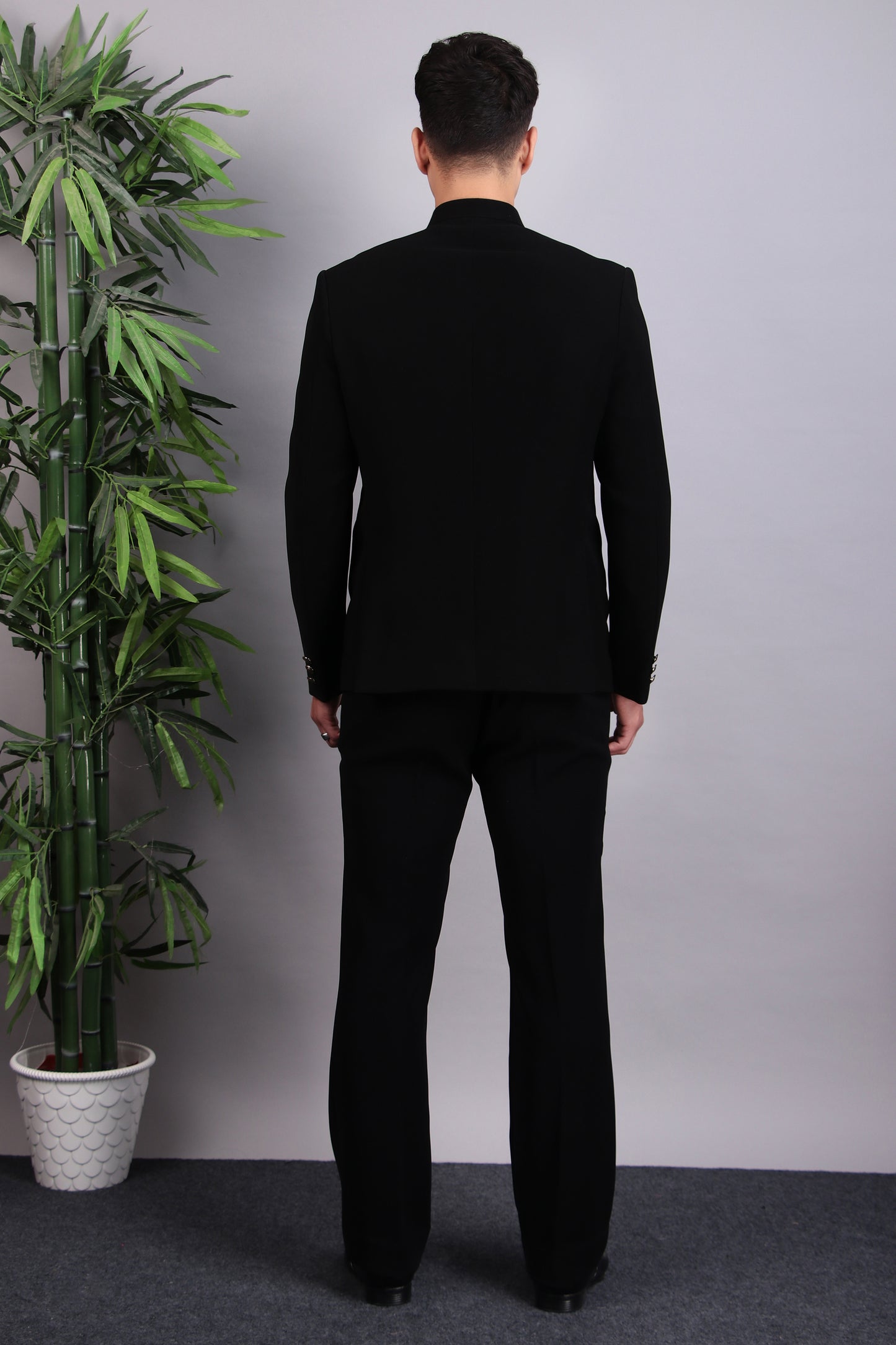 Men’s Bandhgala – Japanese Lycra in Black with Patch Motif Embroidery | One Man Show