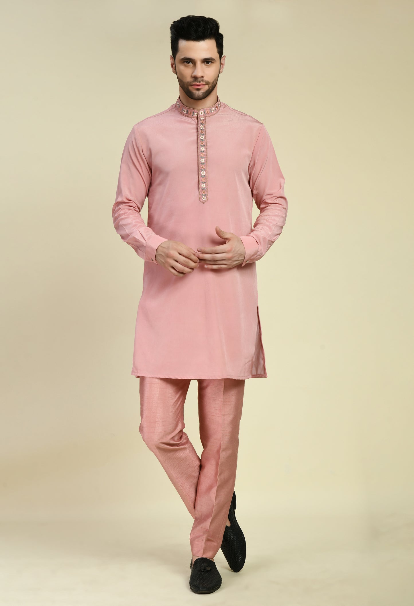 Men’s Indo-Western – Silk Georgette in Pink with Floral Multi Thread Embroidery | One Man Show