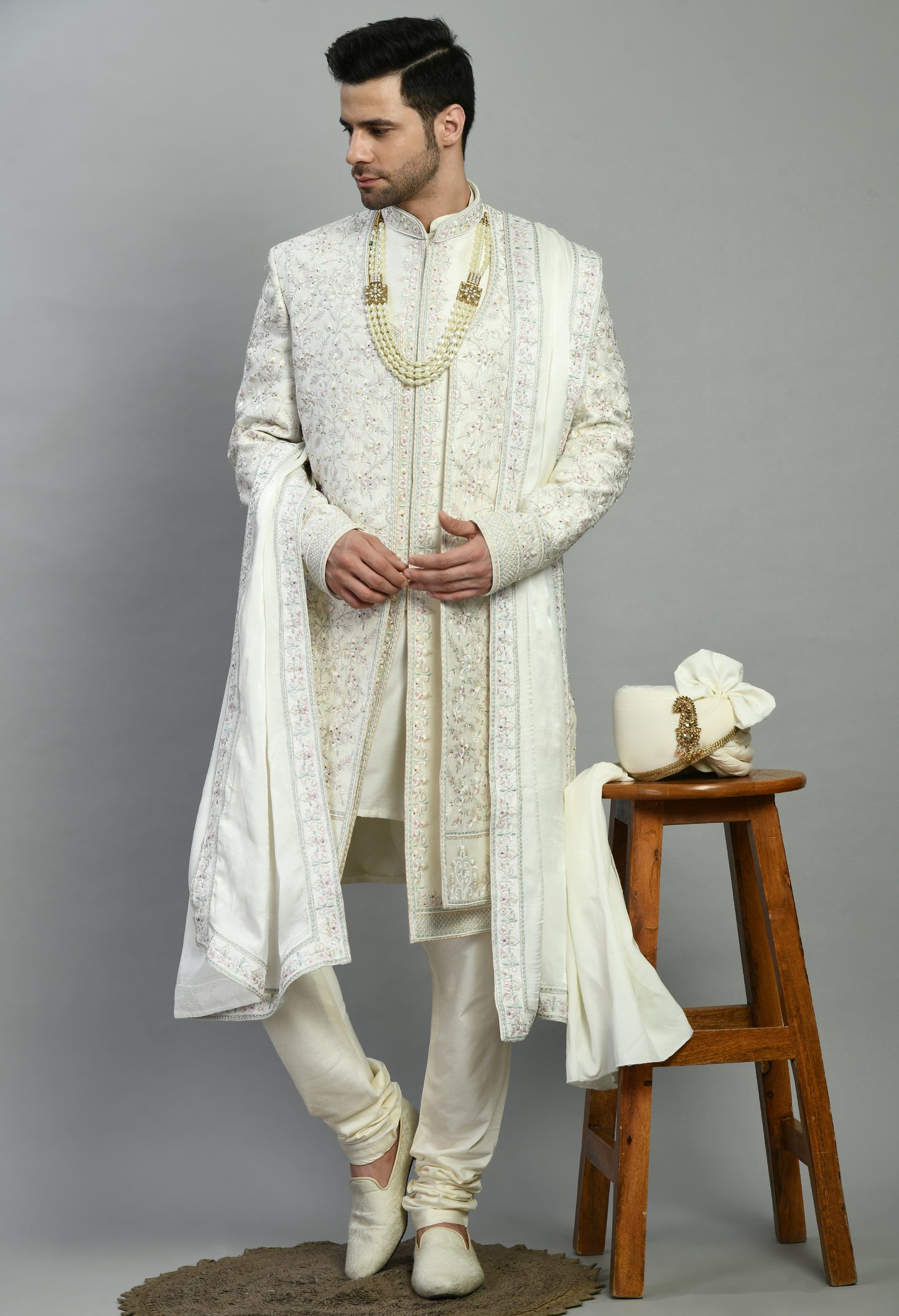 Men’s Sherwani – Silk in Ivory with Detailed Hand Embroidery Allover | One Man Show