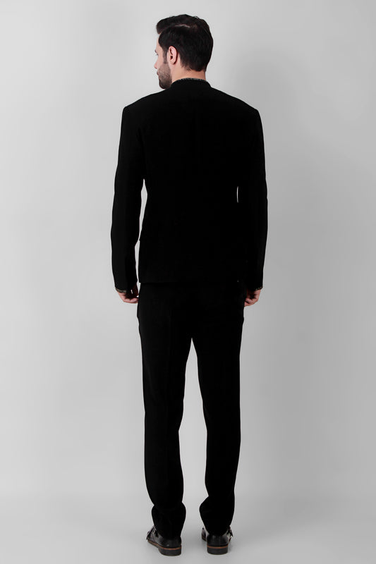 Men’s Bandhgala – Japanese Lycra in Black with Minimal Zari Embroidery | One Man Show