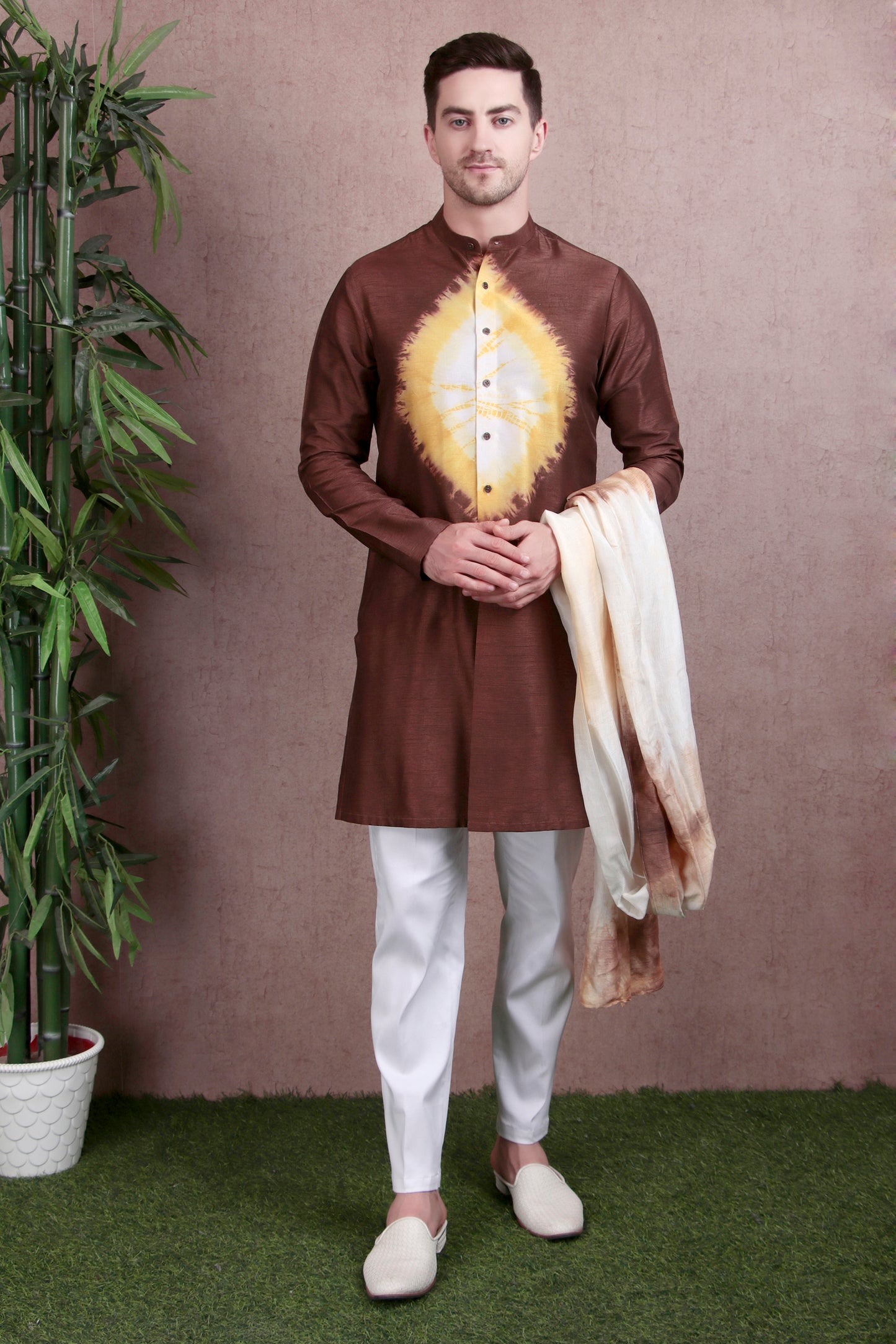 Men’s Kurta Set – Raw Silk in Brown with Yellow Tie-Dye Center Motif | One Man Show