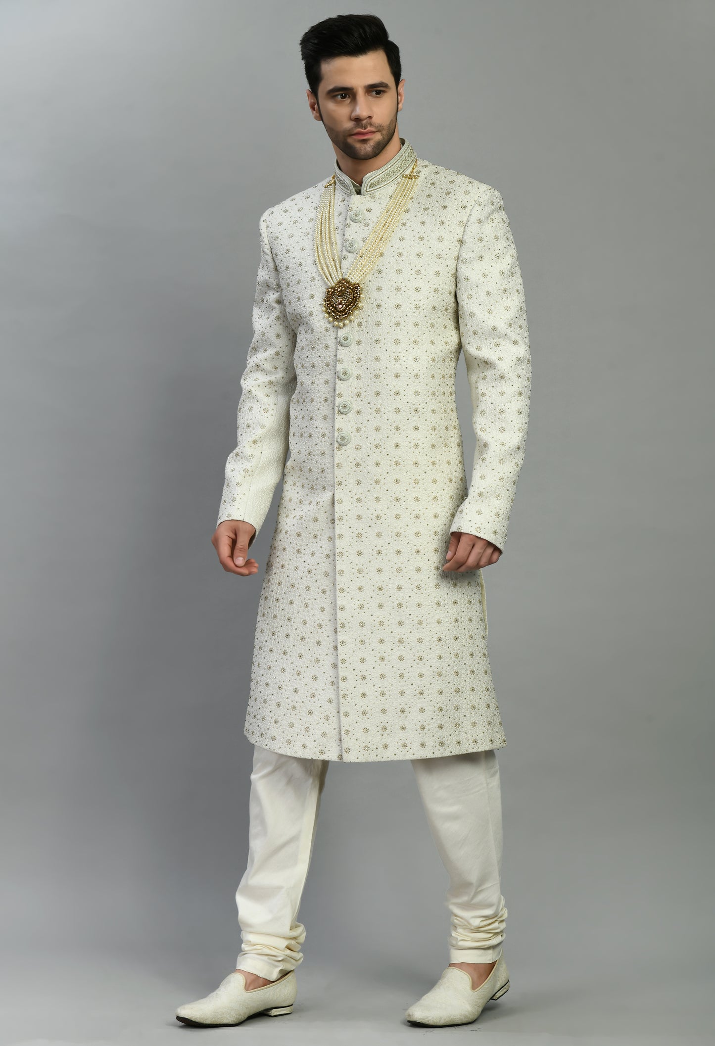 Men’s Sherwani – Silk in Ivory with Detailed Hand Embroidery Allover | One Man Show