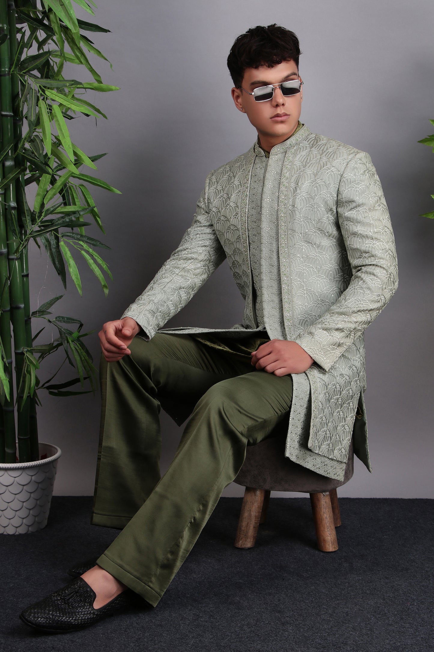 Men’s Indo-Western – Georgette Embroidered in Green with Hand Embroidery | One Man Show