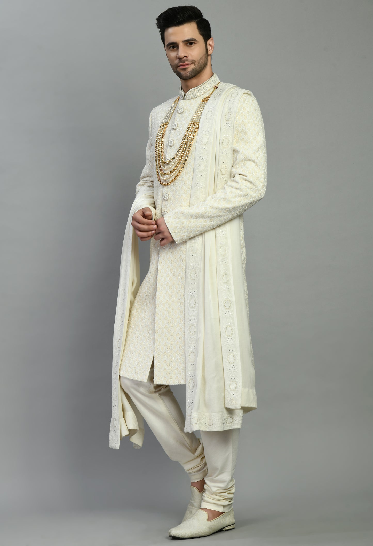 Men’s Sherwani – Silk in Ivory with Detailed Hand Embroidery Allover | One Man Show
