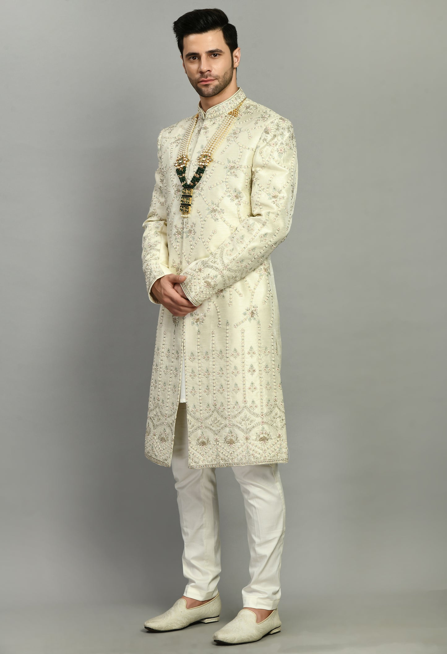 Men’s Sherwani – Silk in Ivory with Detailed Hand Embroidery | One Man Show