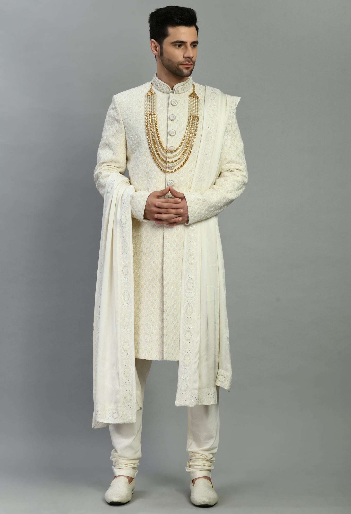 Men’s Sherwani – Silk in Ivory with Detailed Hand Embroidery Allover | One Man Show