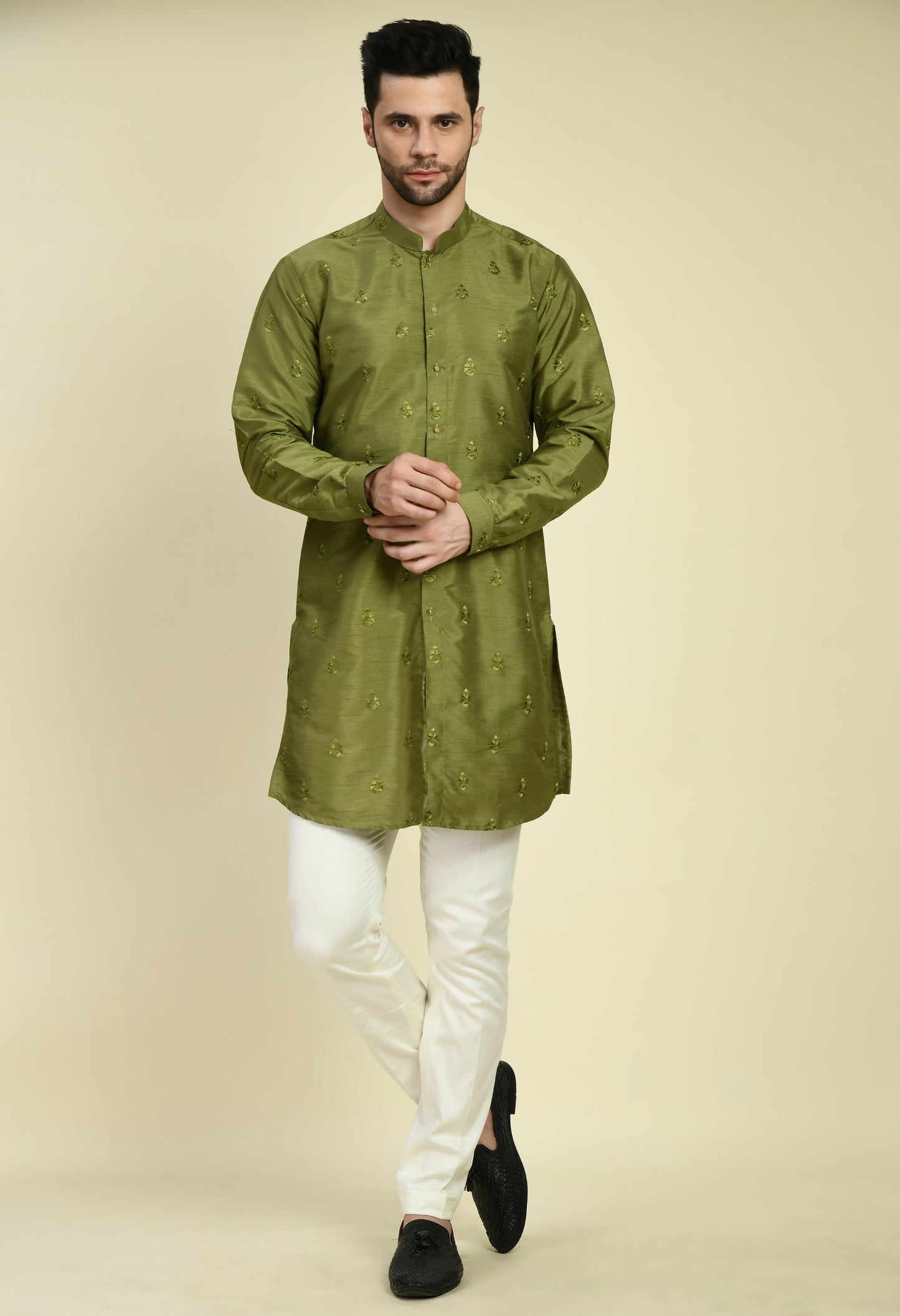 Men’s Nehru Jacket – Silk Georgette in Green with Silk Thread Embroidery | One Man Show