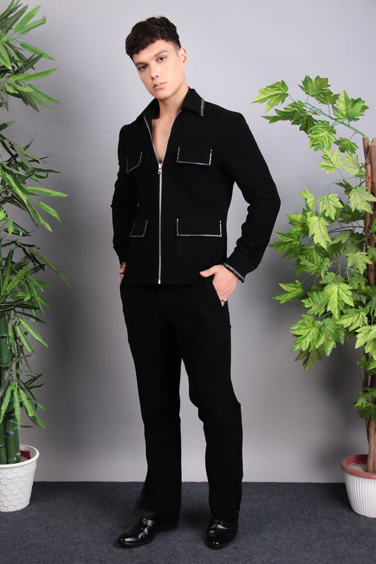 Side view - Men’s Tuxedo – Japanese Lycra in Black with Hand Embroidery