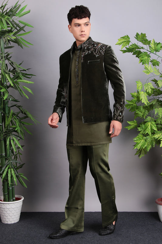Side view - Men’s Indo-Western – Velvet Embroidered Fabric in Green with Multi Colored Floral Embroidery