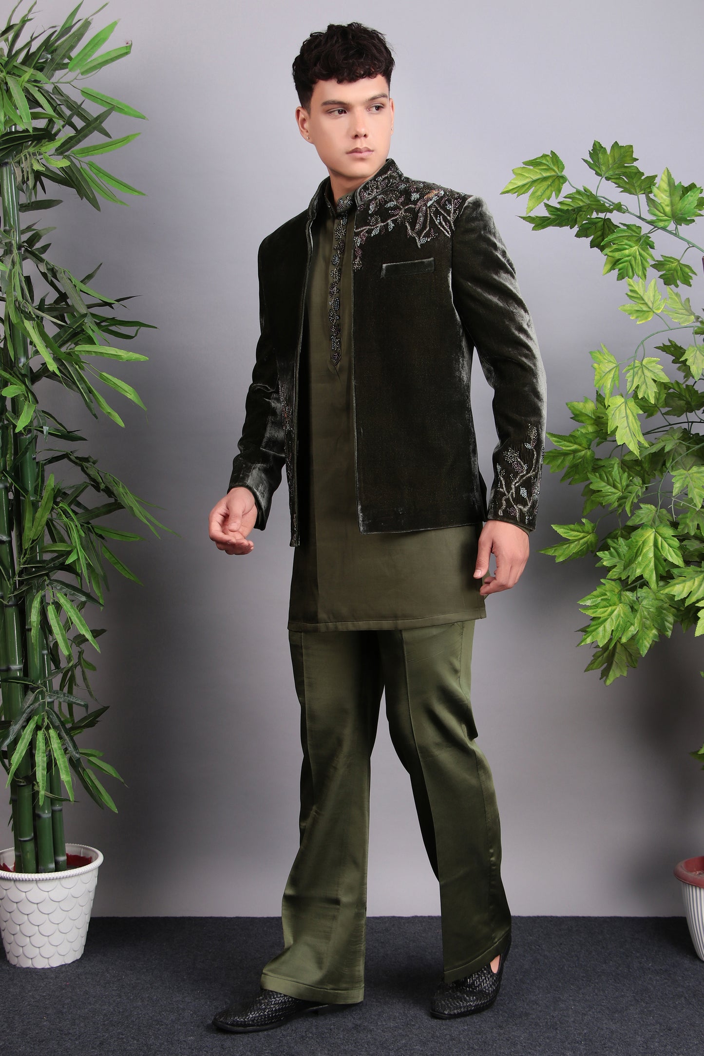 Men’s Indo-Western – Velvet Embroidered Fabric in Green with Multi Colored Floral Embroidery | One Man Show