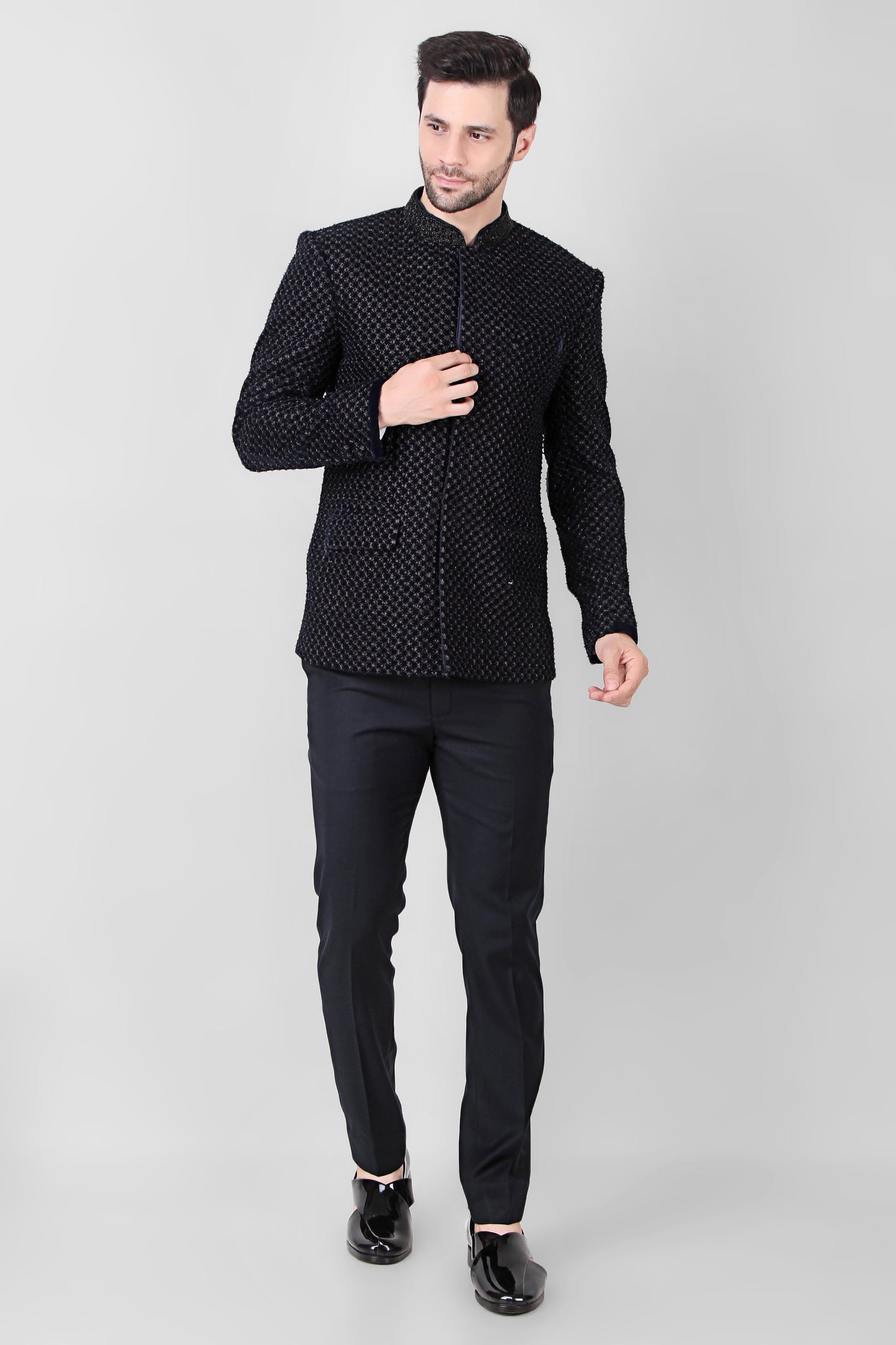 Men’s Bandhgala – Velvet in Black with Beads Embroidery | One Man Show