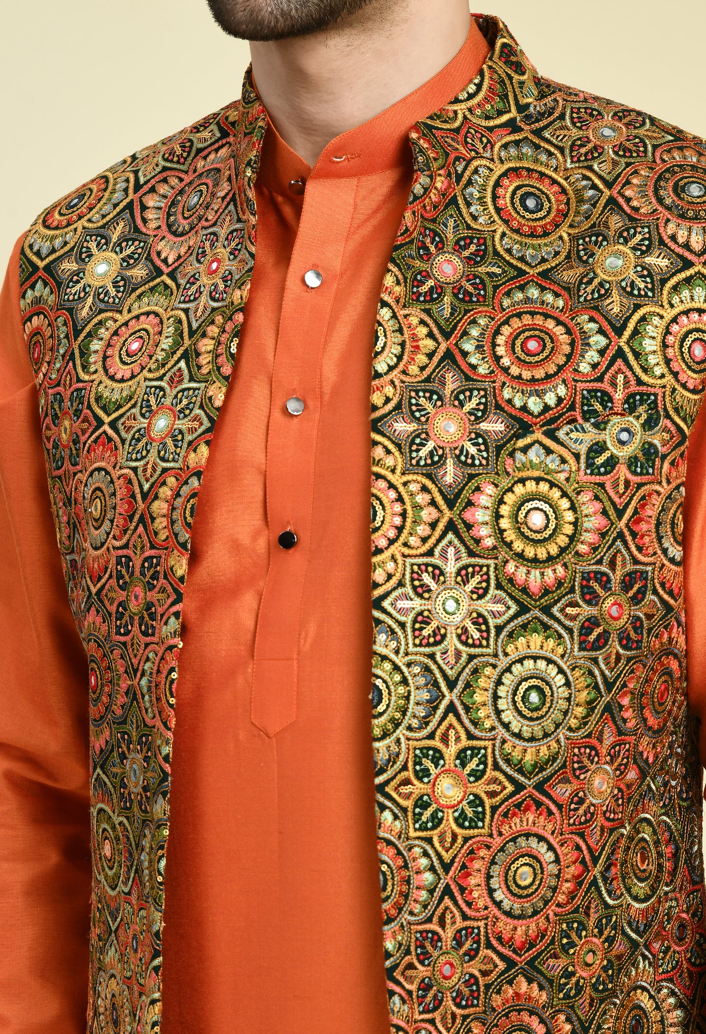 Detail view 4 - Men’s Nehru Jacket – Silk Georgette in Orange with Silk Thread Embroidery