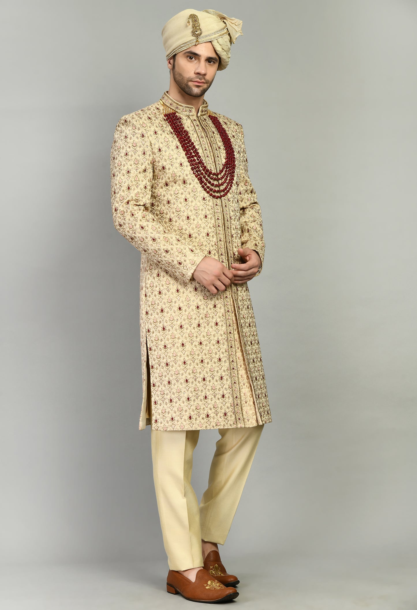 Men’s Sherwani – Silk in Beige with Detailed Hand Embroidery Allover | One Man Show