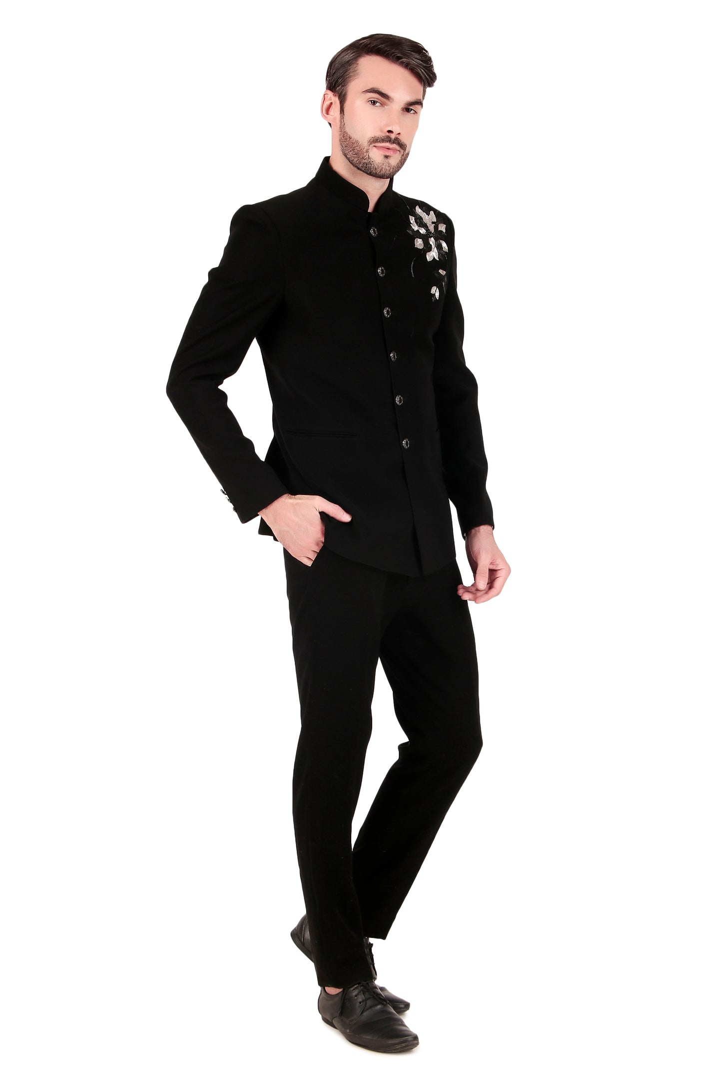 Men’s Bandhgala – Japanese Lycra in Black with Shoulder Placement Embroidery | One Man Show