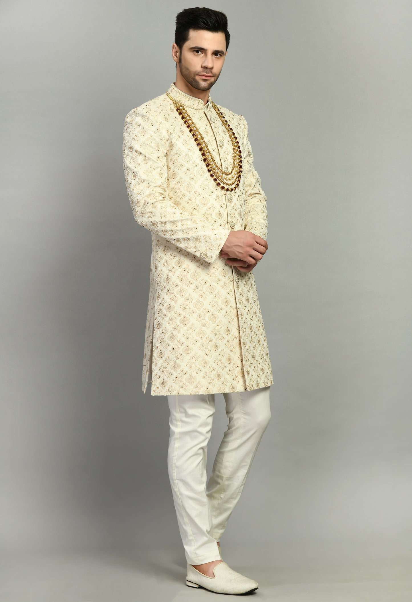 Men’s Sherwani – Silk in Ivory with Detailed Hand Embroidery | One Man Show