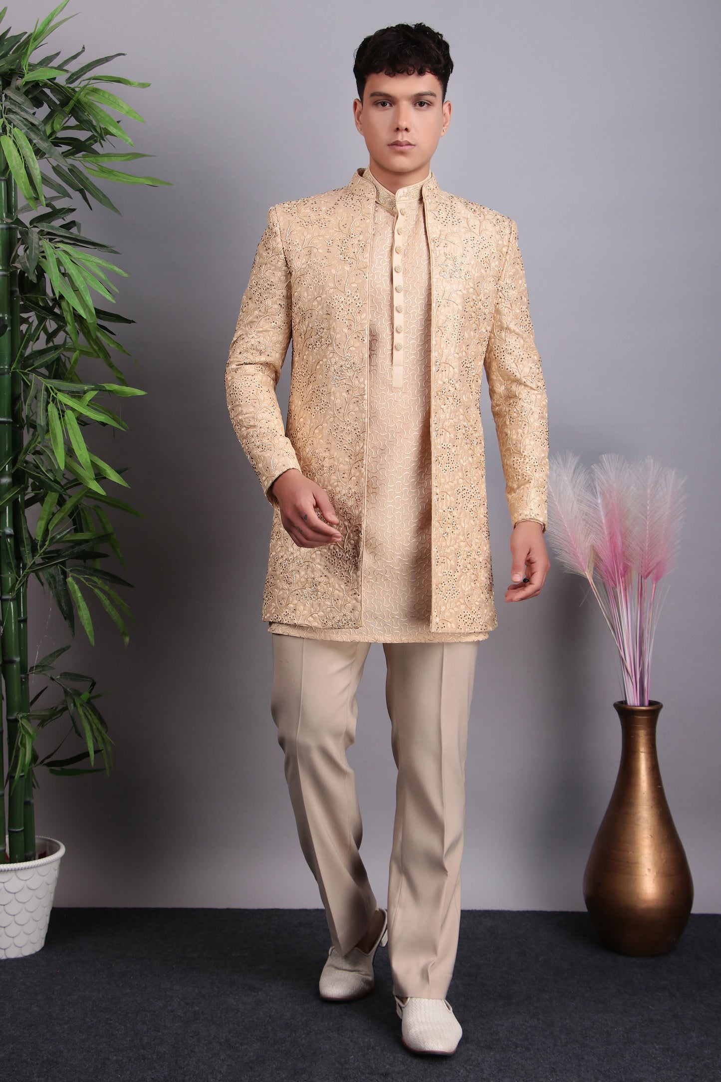 Men’s Indo-Western – Silk Embroidered Fabric in Beige with Floral Hand Embroidery | One Man Show