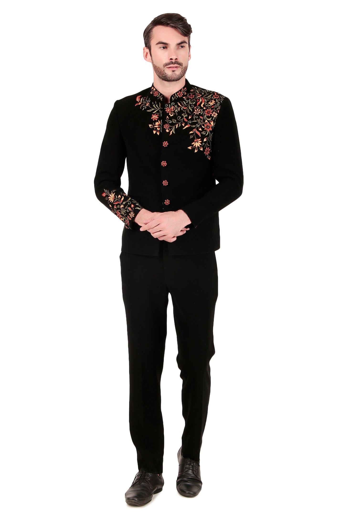 Men’s Bandhgala – Japanese Lycra in Black with Angrakha Bandhgala & Silk Thread Embroidery | One Man Show