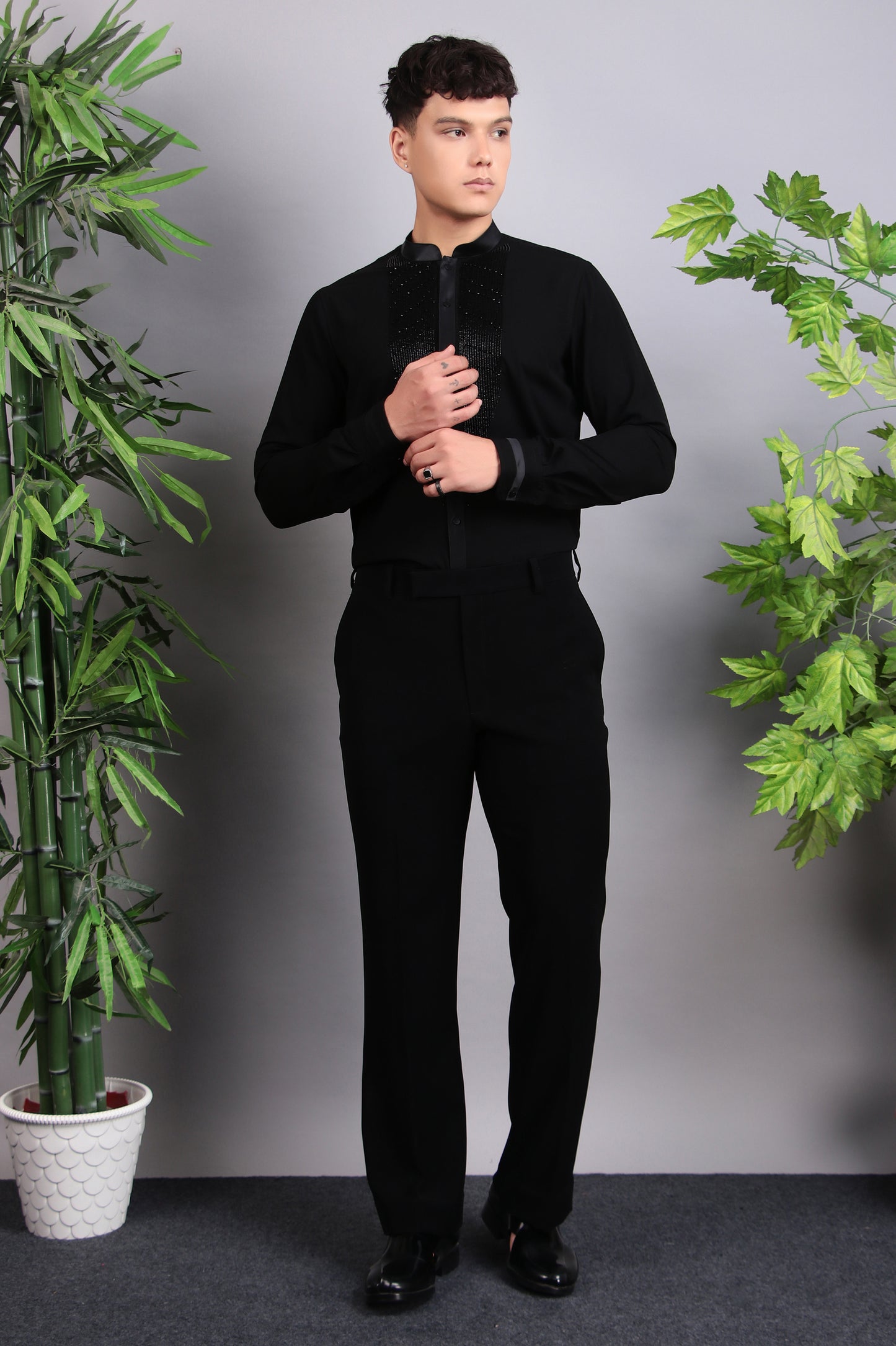 Men’s Shirt – Korean Wrinkle Free in Black with Front Beads Embroidery | One Man Show