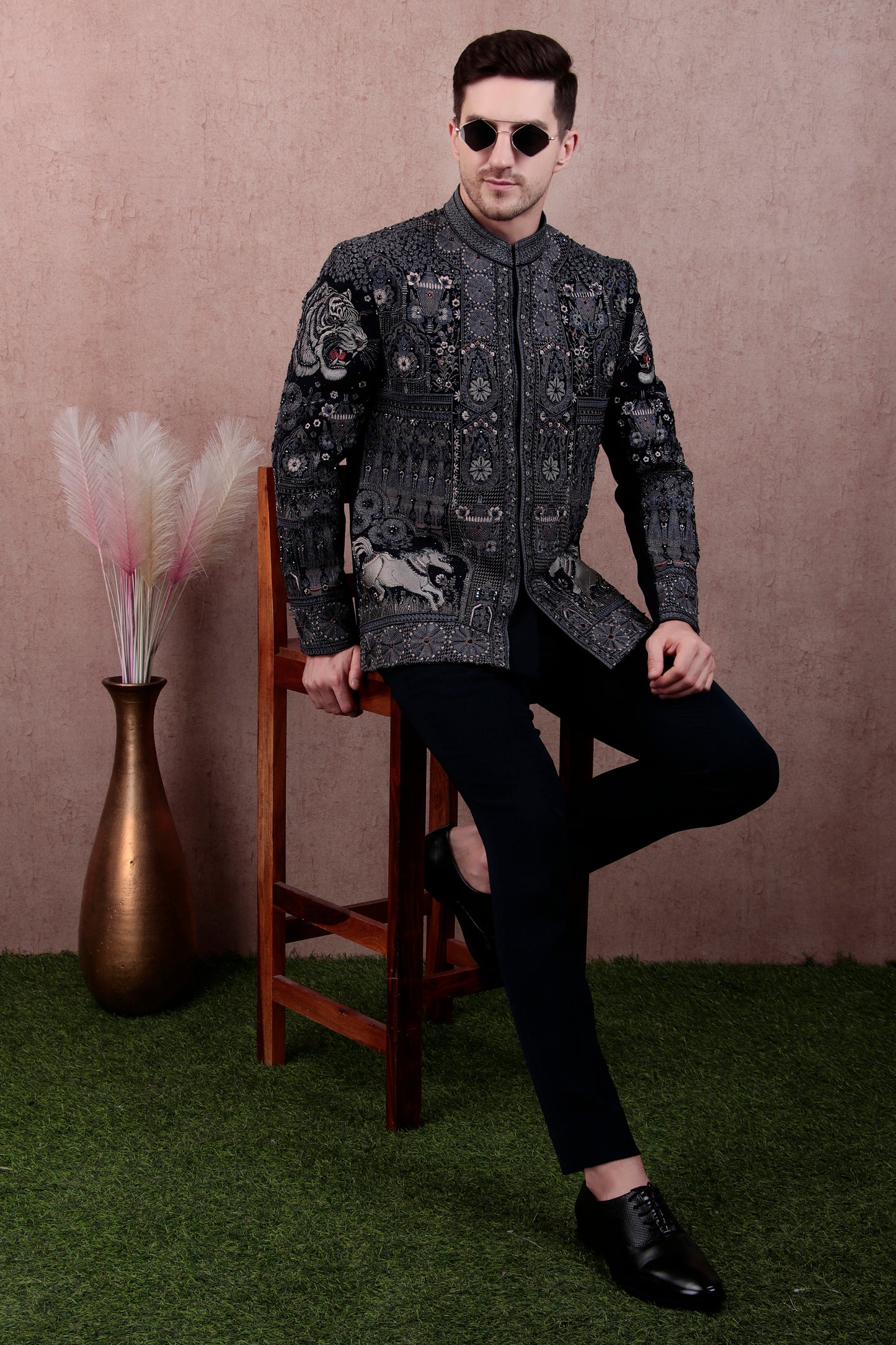 Men’s Bandhgala – Japanese Lycra in Navy Blue with Theme Embroidery Nature | One Man Show