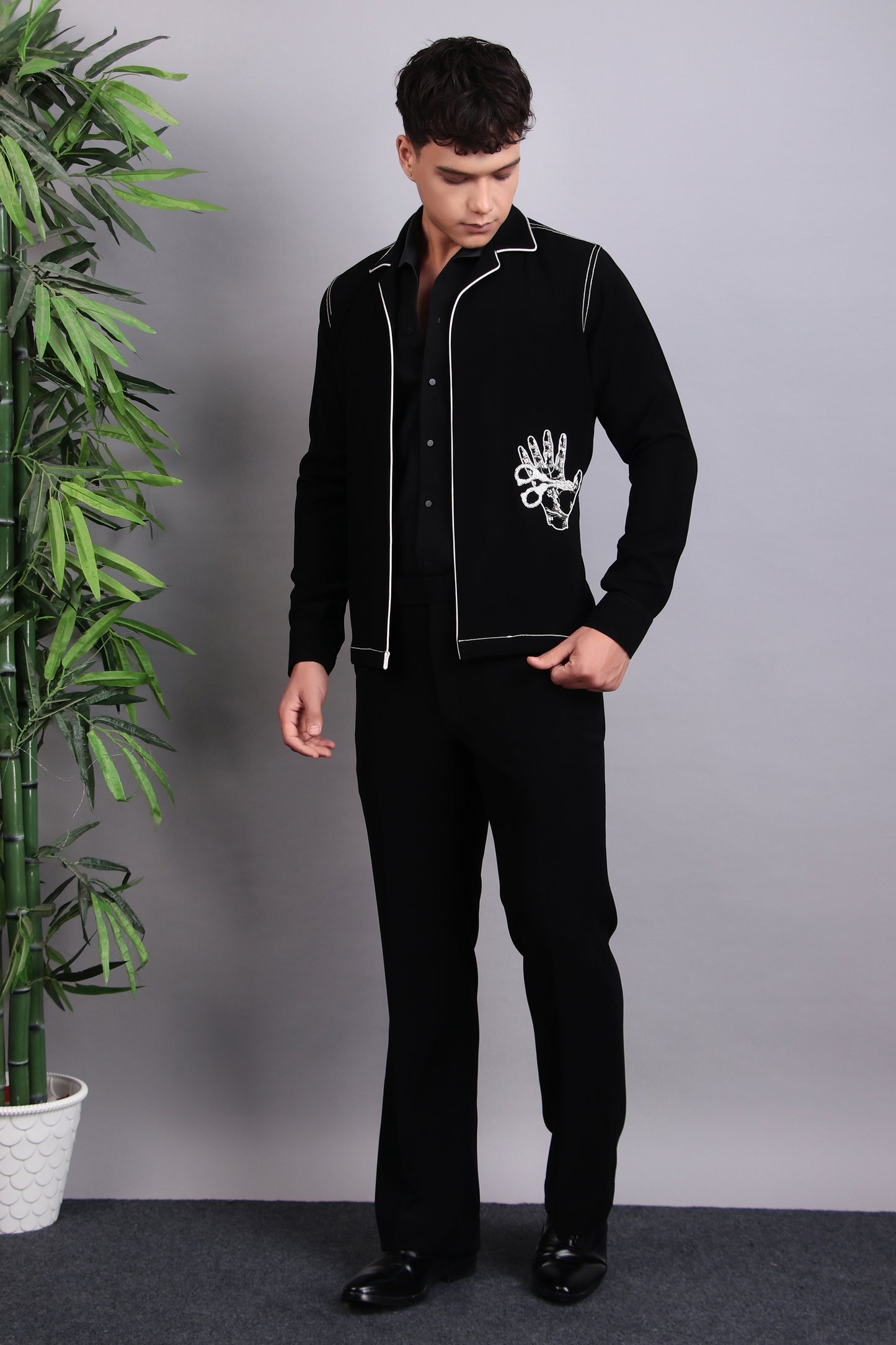 Men’s Tuxedo – Japanese Lycra in Black with Pintex & Beads Embroidery | One Man Show