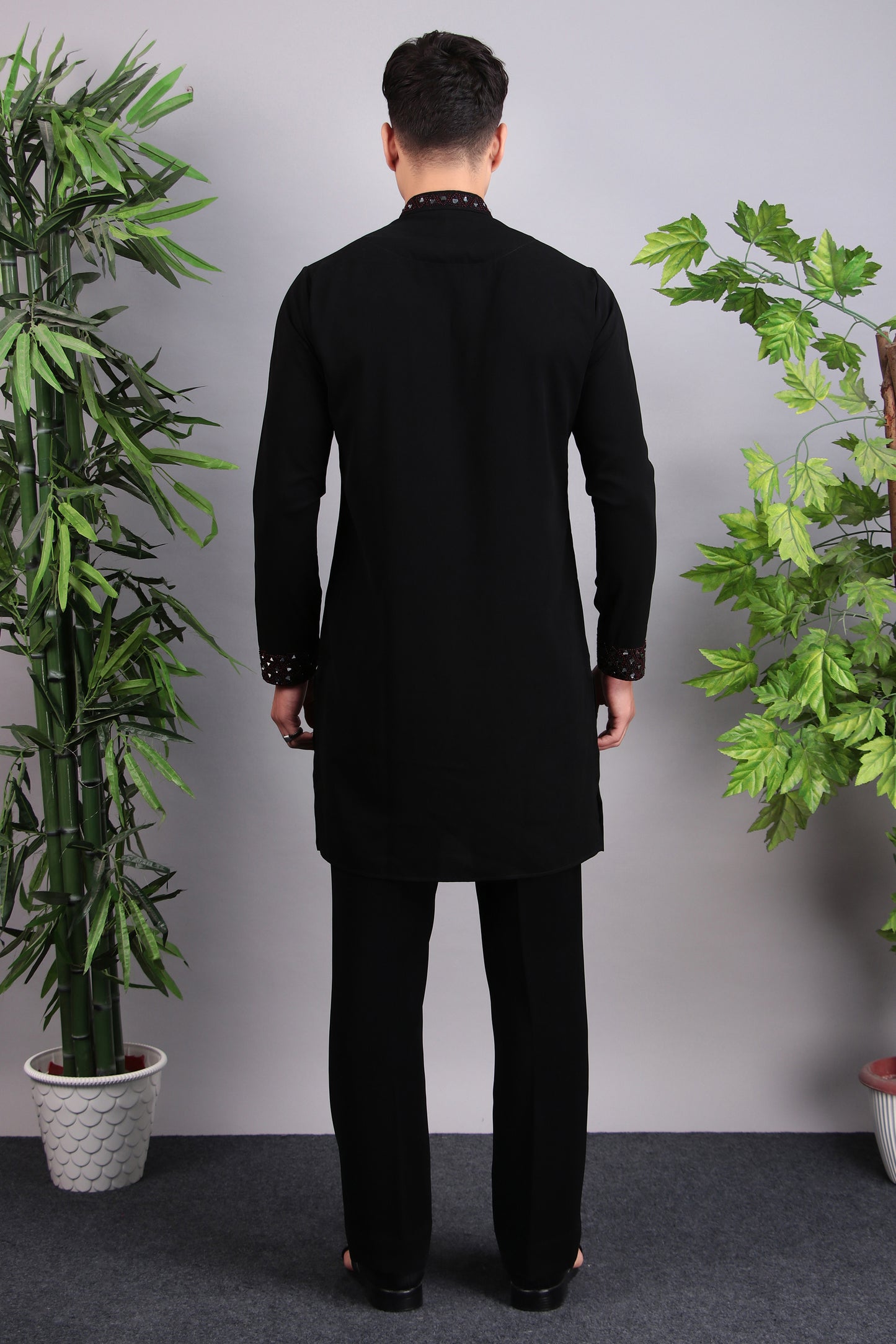 Men’s Kurta Set – Korean Wrinkle-Free in Black with Mirror and Beads Embroidery | One Man Show