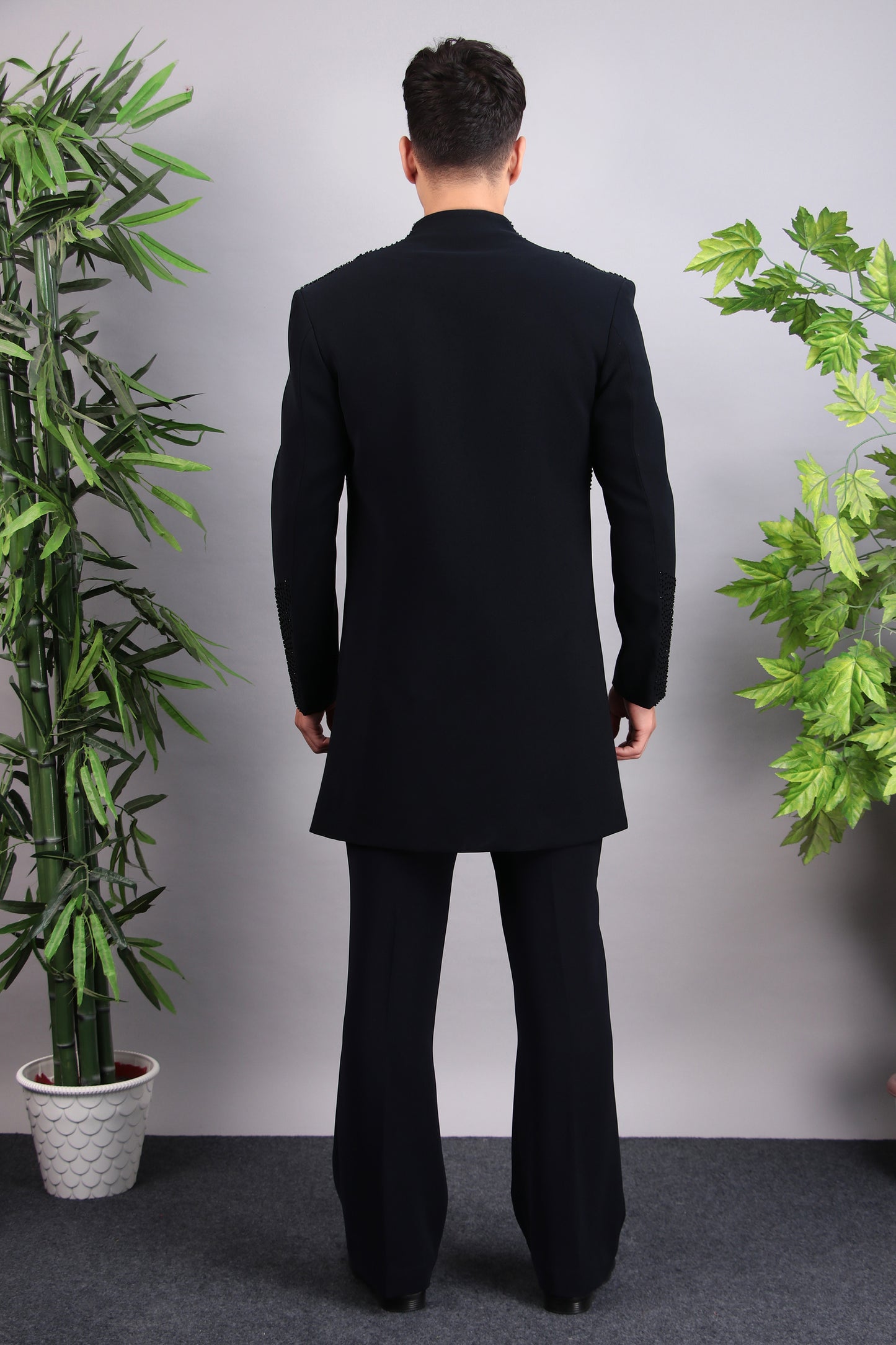 Detail view 4 - Men’s Indo-Western – Japanese Lycra in Midnight Blue with Beads and Stones Embroidery