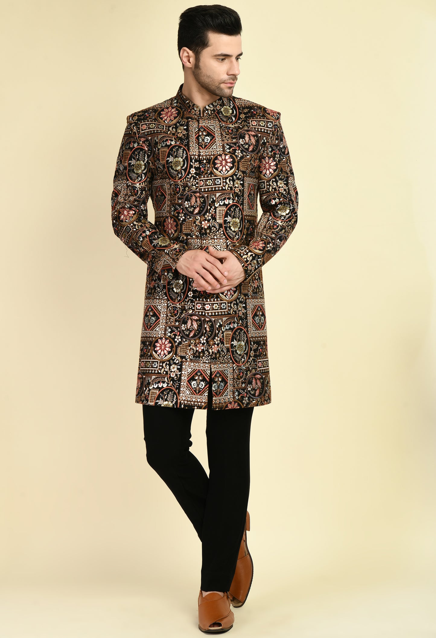 Detail view 4 - Men’s Indo-Western – Silk Georgette in Multi Color with Abstract Silk Thread Embroidery