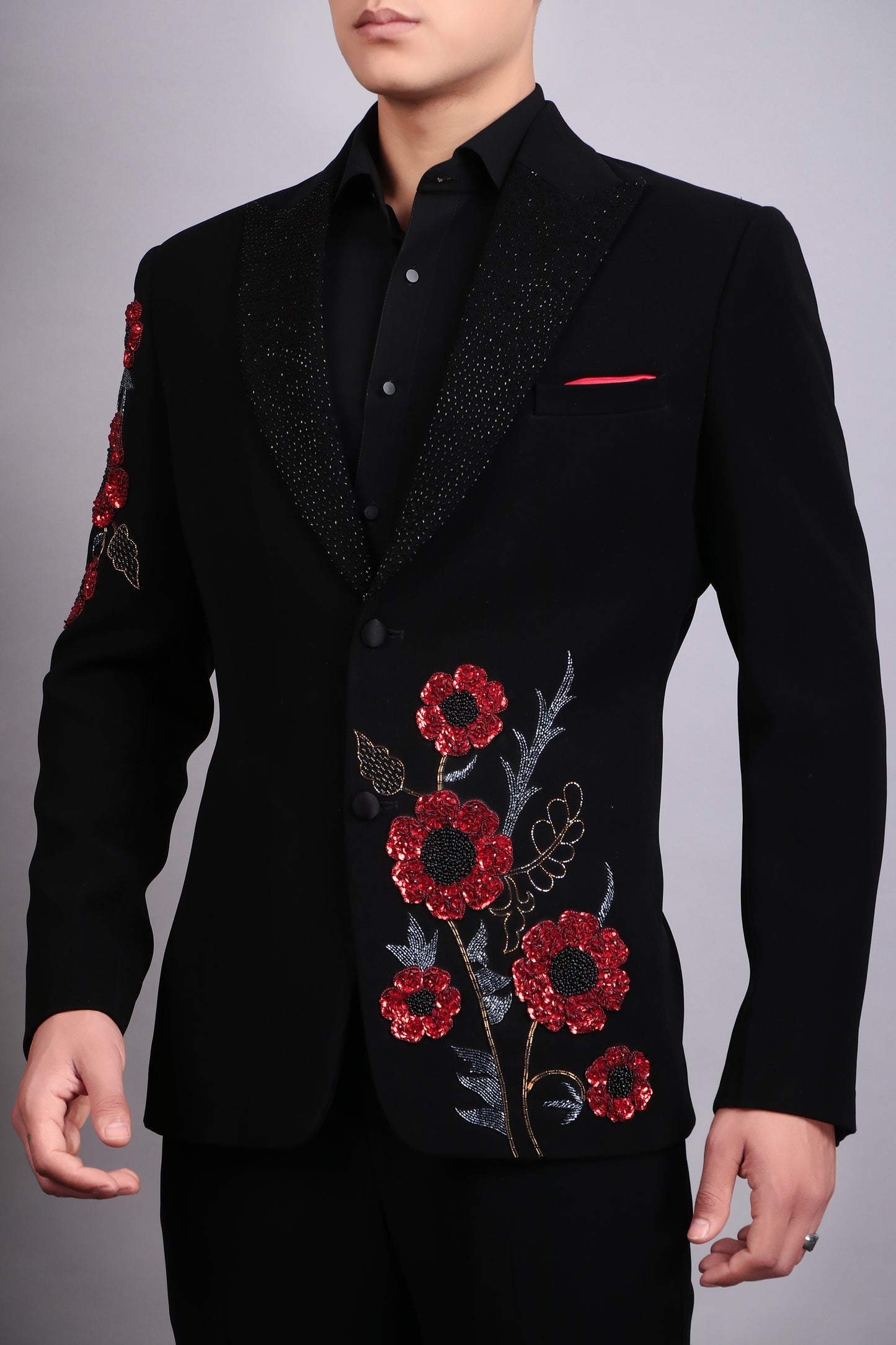 Men’s Tuxedo – Japanese Lycra in Black with Pintex & Beads Embroidery | One Man Show