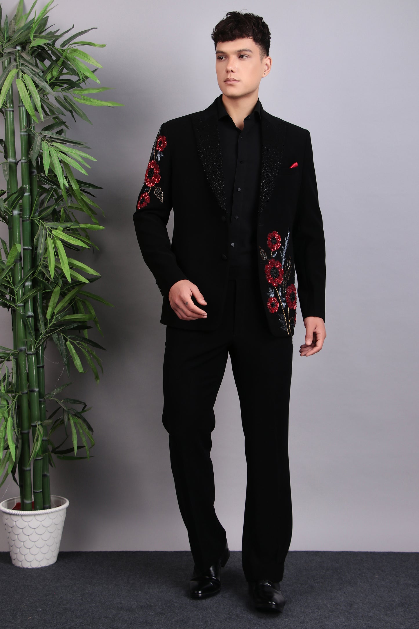 Men’s Tuxedo – Japanese Lycra in Black with Pintex & Beads Embroidery | One Man Show