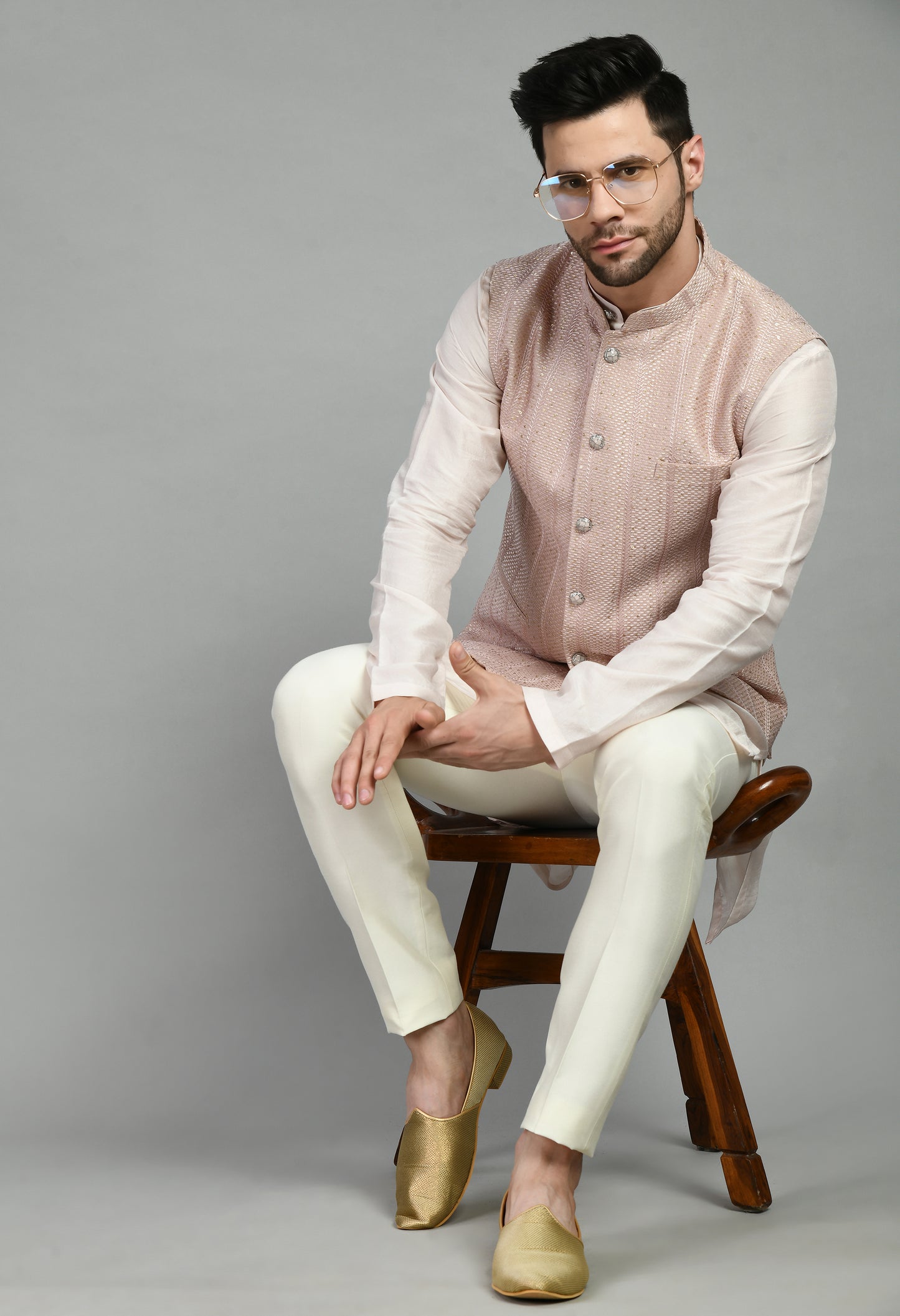 Detail view 4 - Men’s Nehru Jacket – Silk Georgette in Pink with Thread and Sequins Embroidery