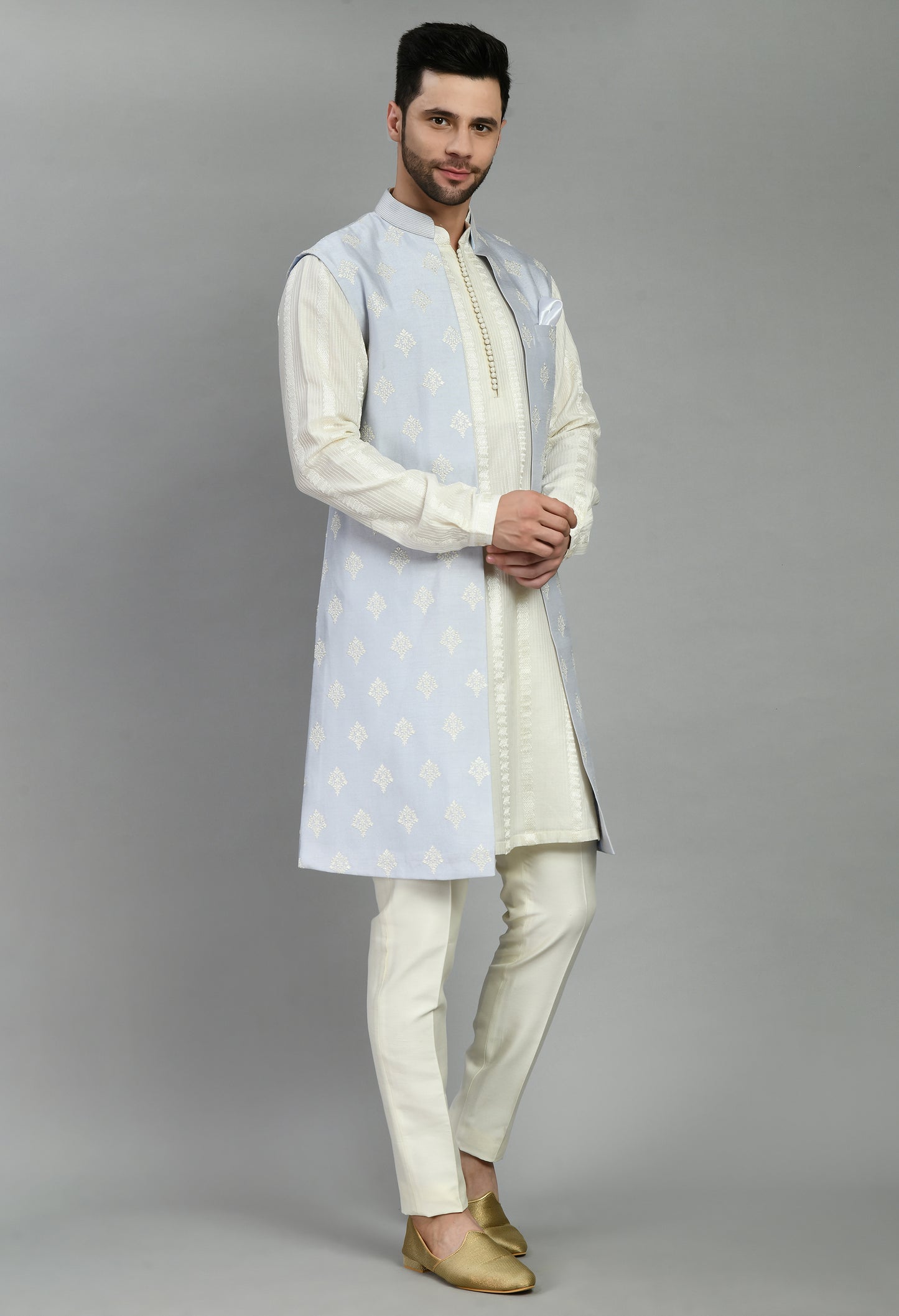 Men’s Nehru Jacket – Silk in Blue with Floral Motif Embroidery | One Man Show